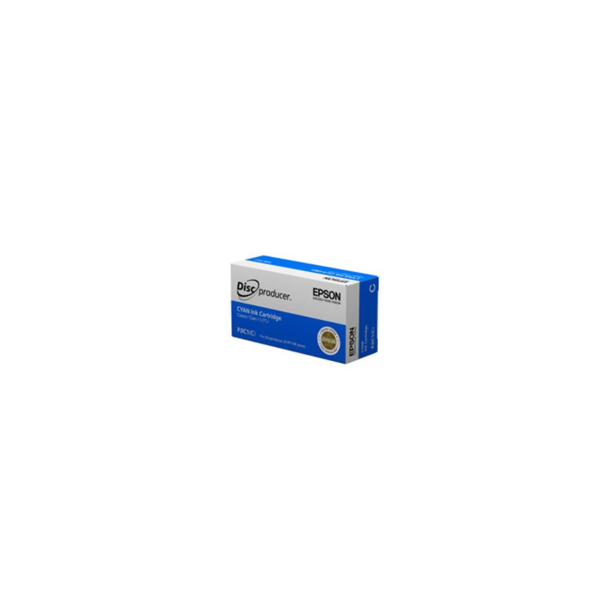 Scatola cartuccia inchiostro ciano Epson Disc Producer. Confezione blu e bianca con testo.