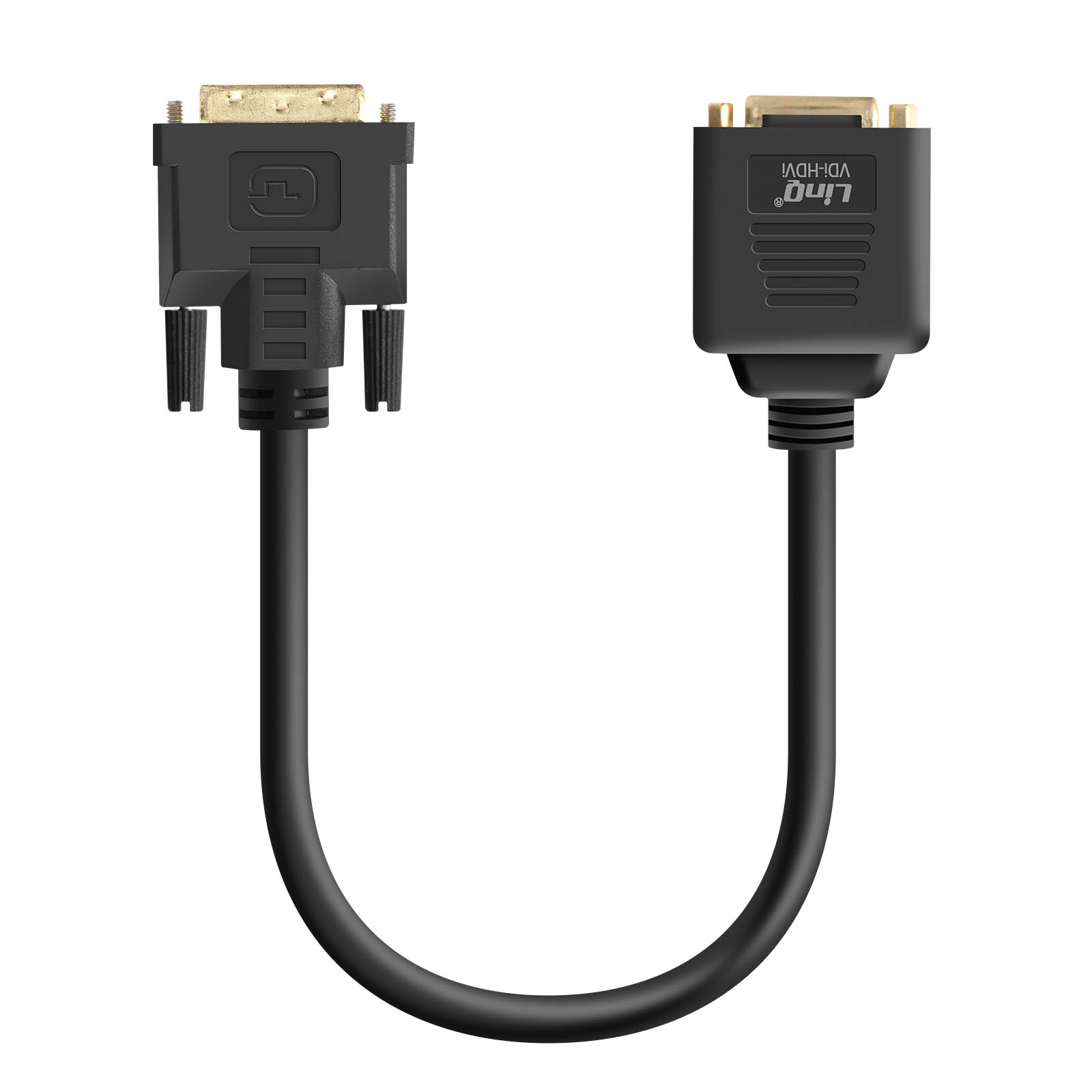 Ein schwarzes DVI-zu-HDMI-Adapterkabel mit goldenen Anschlüssen.