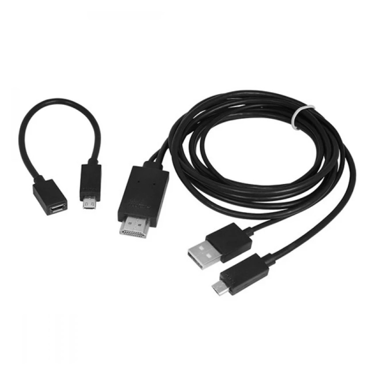 Cavi neri da HDMI a Micro USB e USB su sfondo bianco.