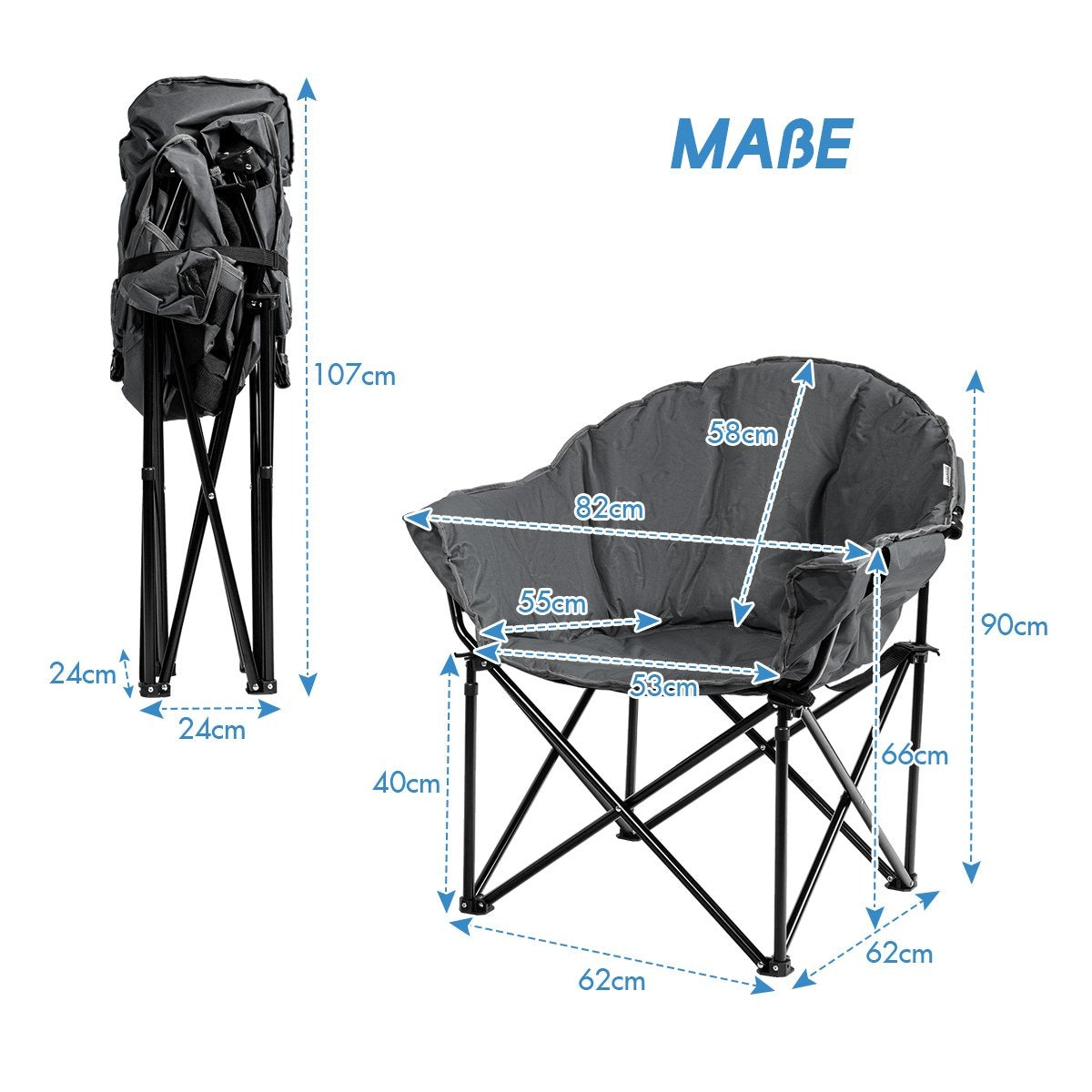 Una silla de camping gris plegada y desplegada con dimensiones en cm.