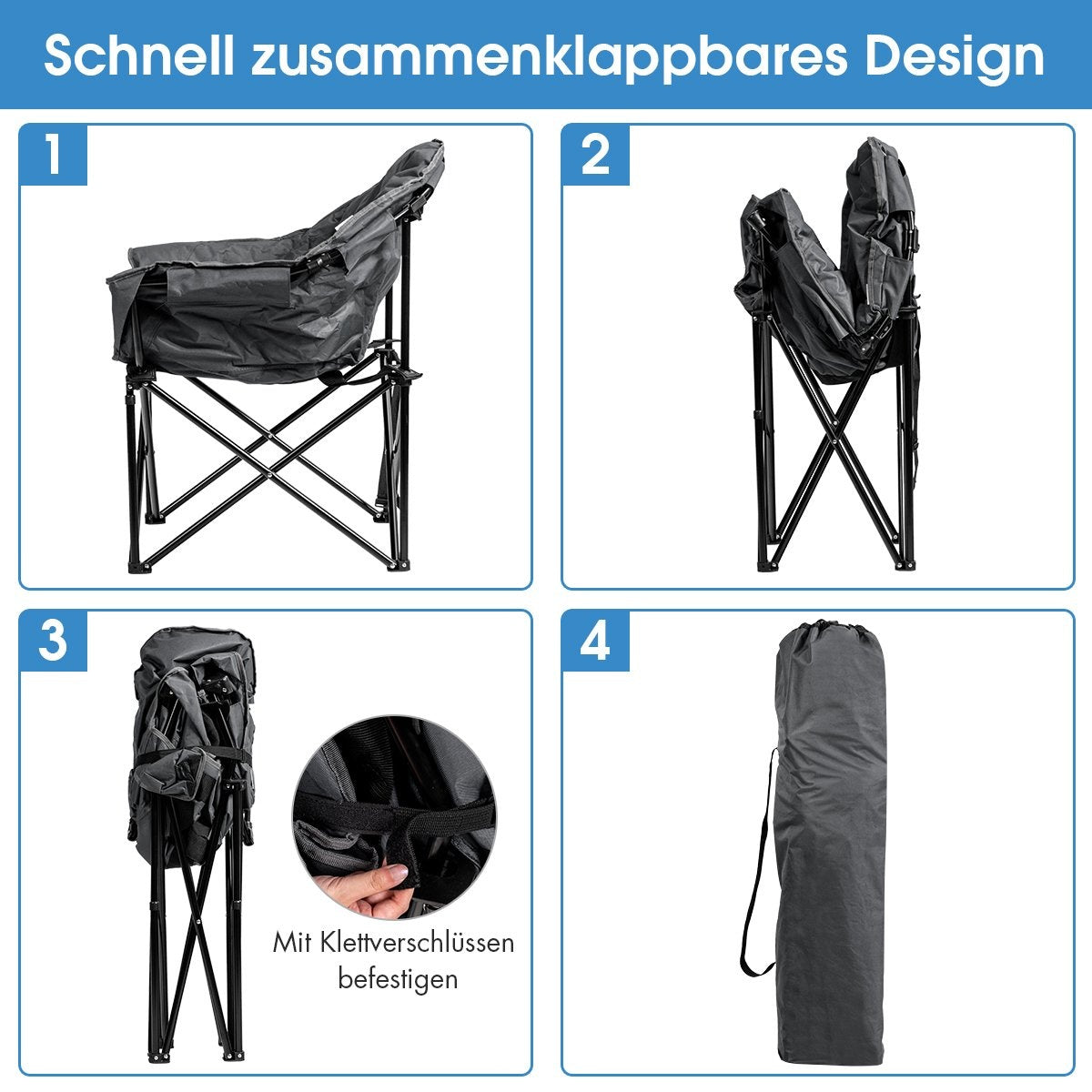 Silla plegable mostrada en cuatro etapas: abierta, parcialmente plegada, plegada y en bolsa.