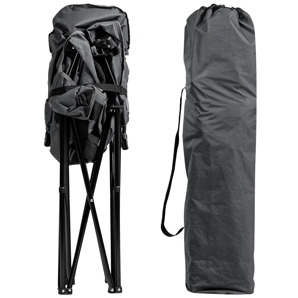 Una silla plegable gris plegada y una bolsa de transporte gris a juego.