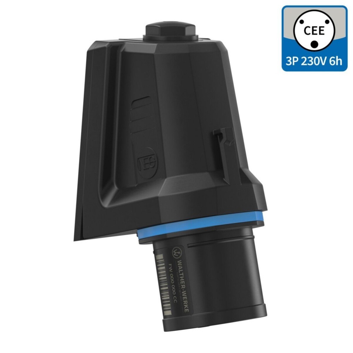 Spina industriale CEE nera con anello blu e logo CEE 3P 230V 6h.
