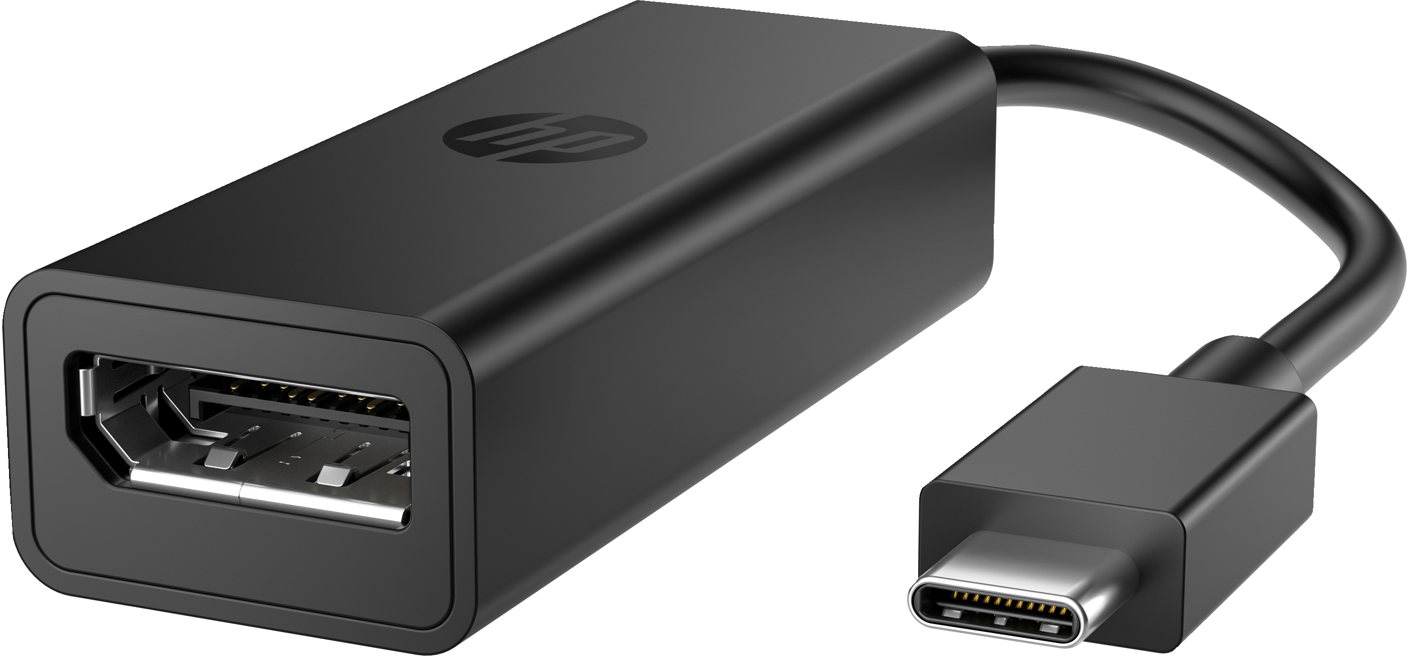 Ein schwarzer HP-Adapter mit USB-C-Stecker und einem Anschluss.