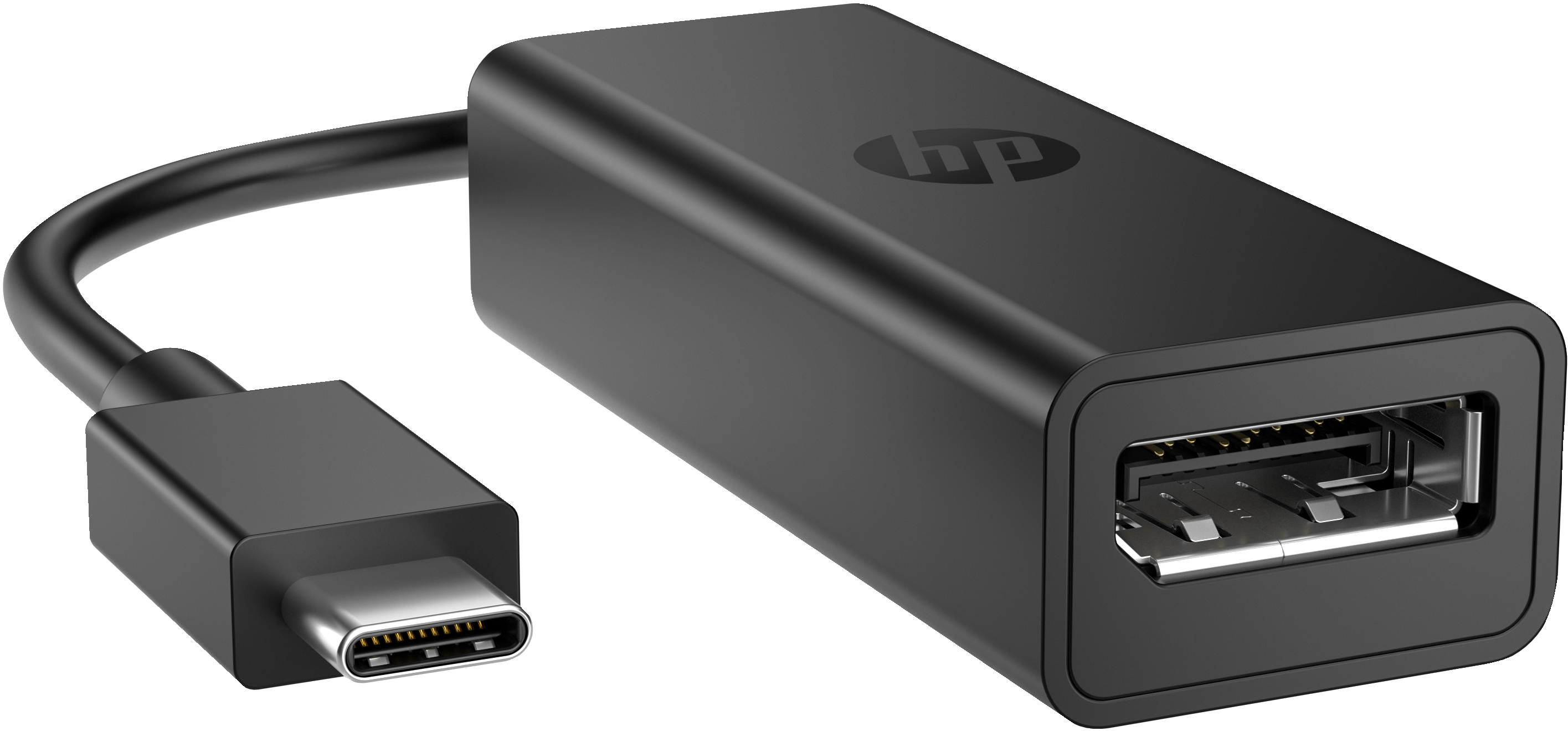 Schwarzer HP USB-C zu USB-A Adapter mit Kabel und metallischen Anschlüssen.