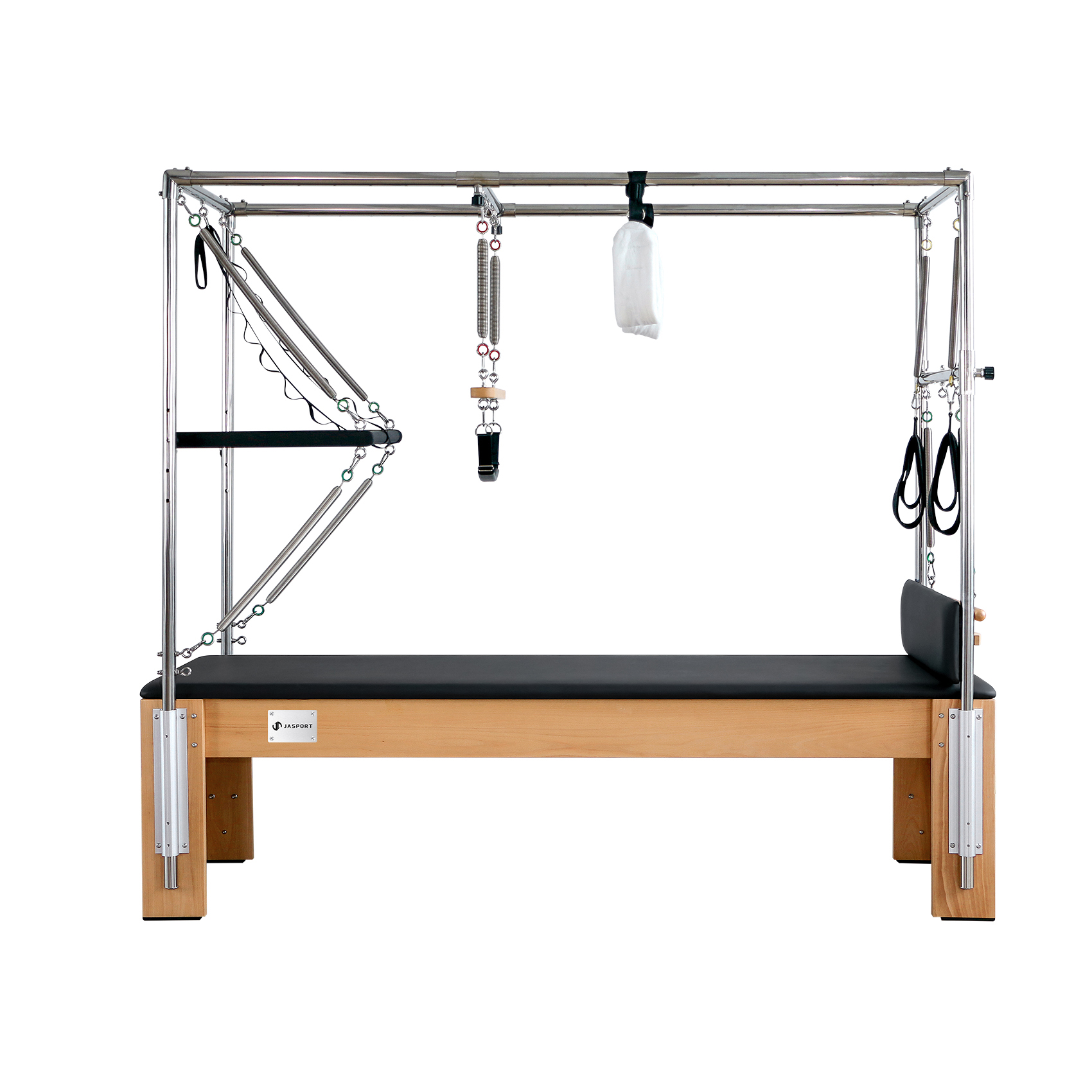 Pilates Reformer mit Holzsockel, Metallrahmen, Federn und schwarzer Polsterung.