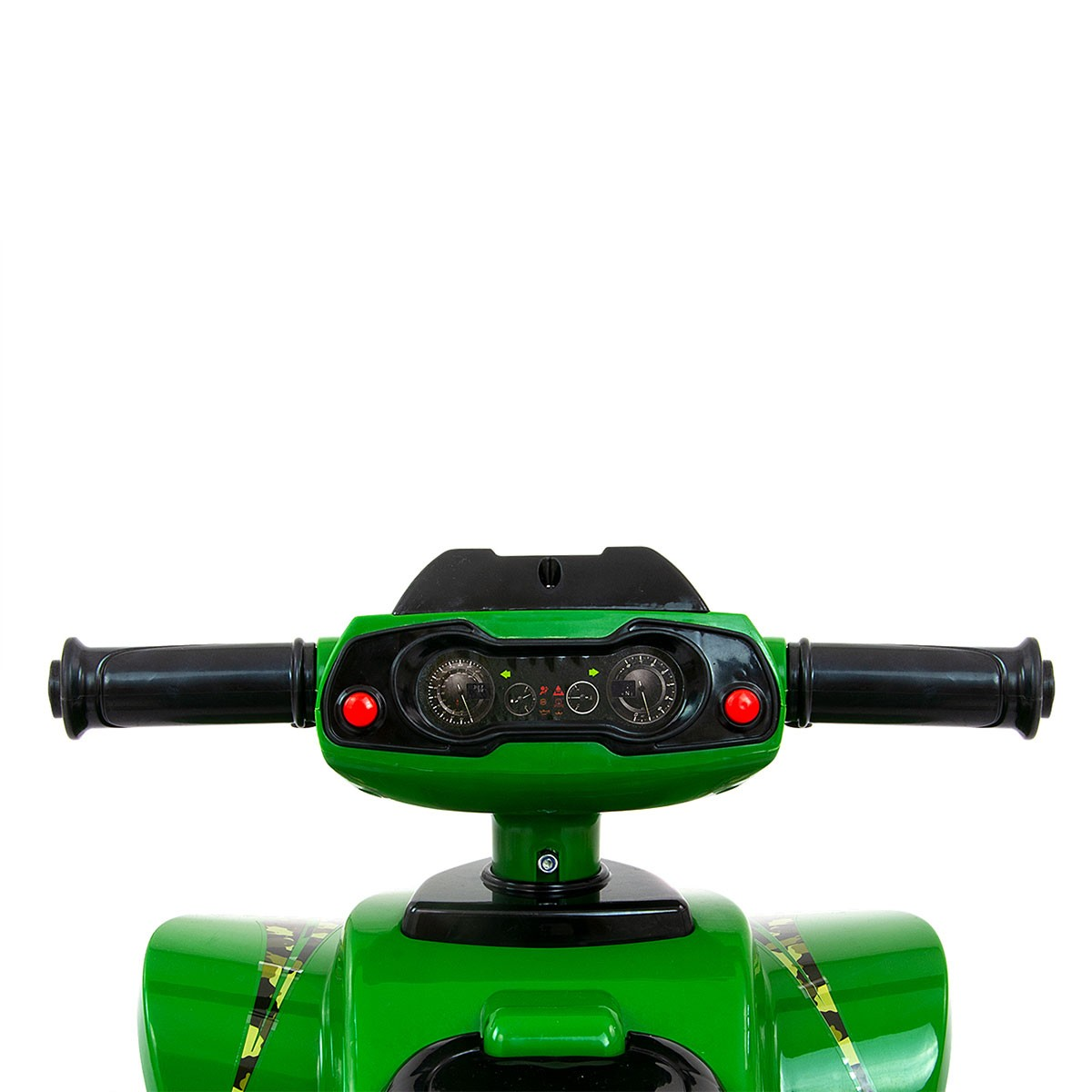 Grüner Quad-Lenker mit zwei Armaturenbrettern und roten Knöpfen.