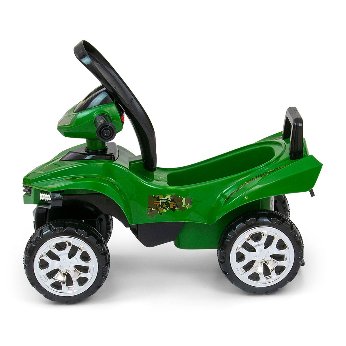 Grünes Kinderfahrzeug mit Lenkrad, Sitz und vier Rädern.