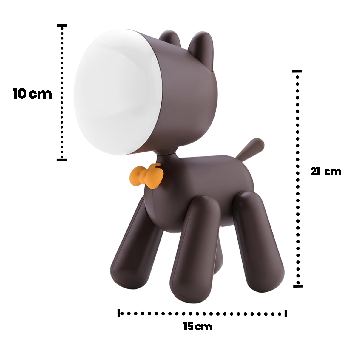 Eine braune Lampe in Hundeform mit einem orangefarbenen Halsband und Maßen.