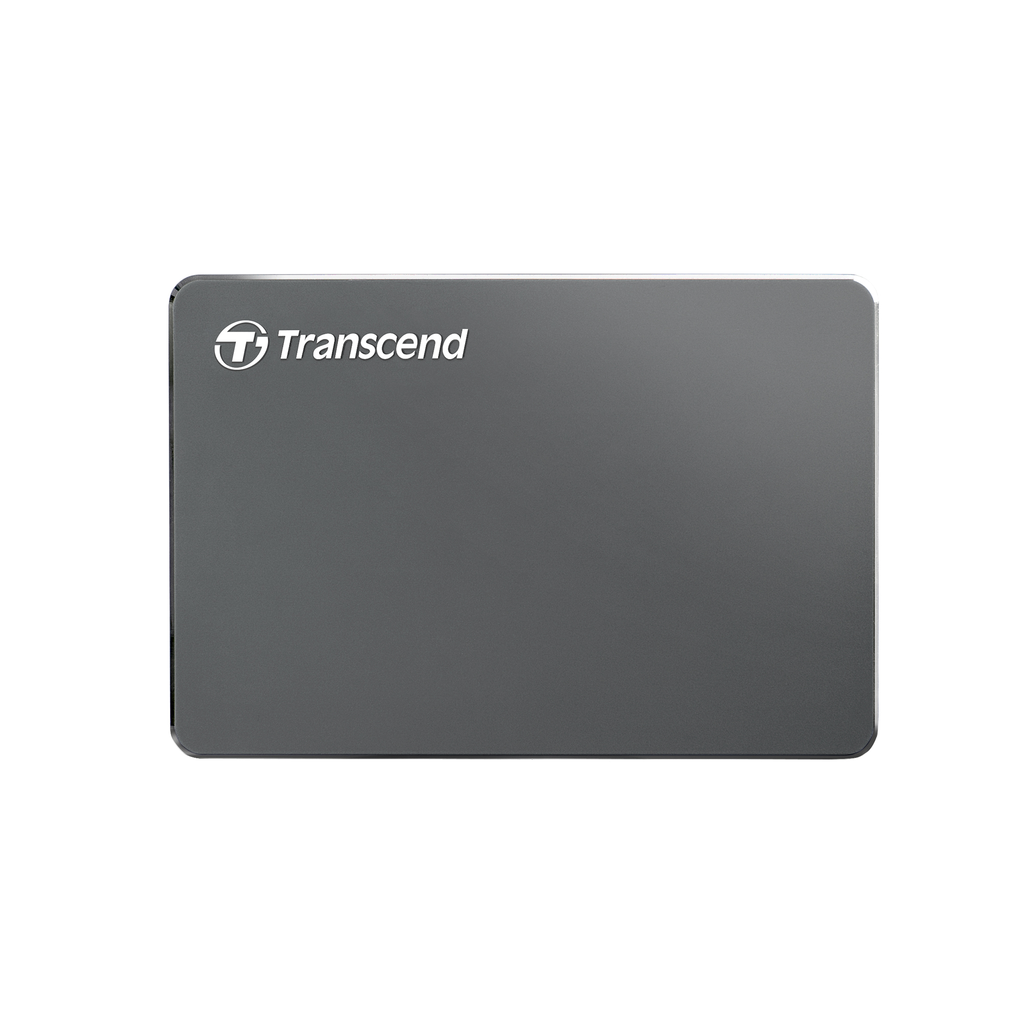 Szary dysk SSD Transcend z białym logo na białym tle.