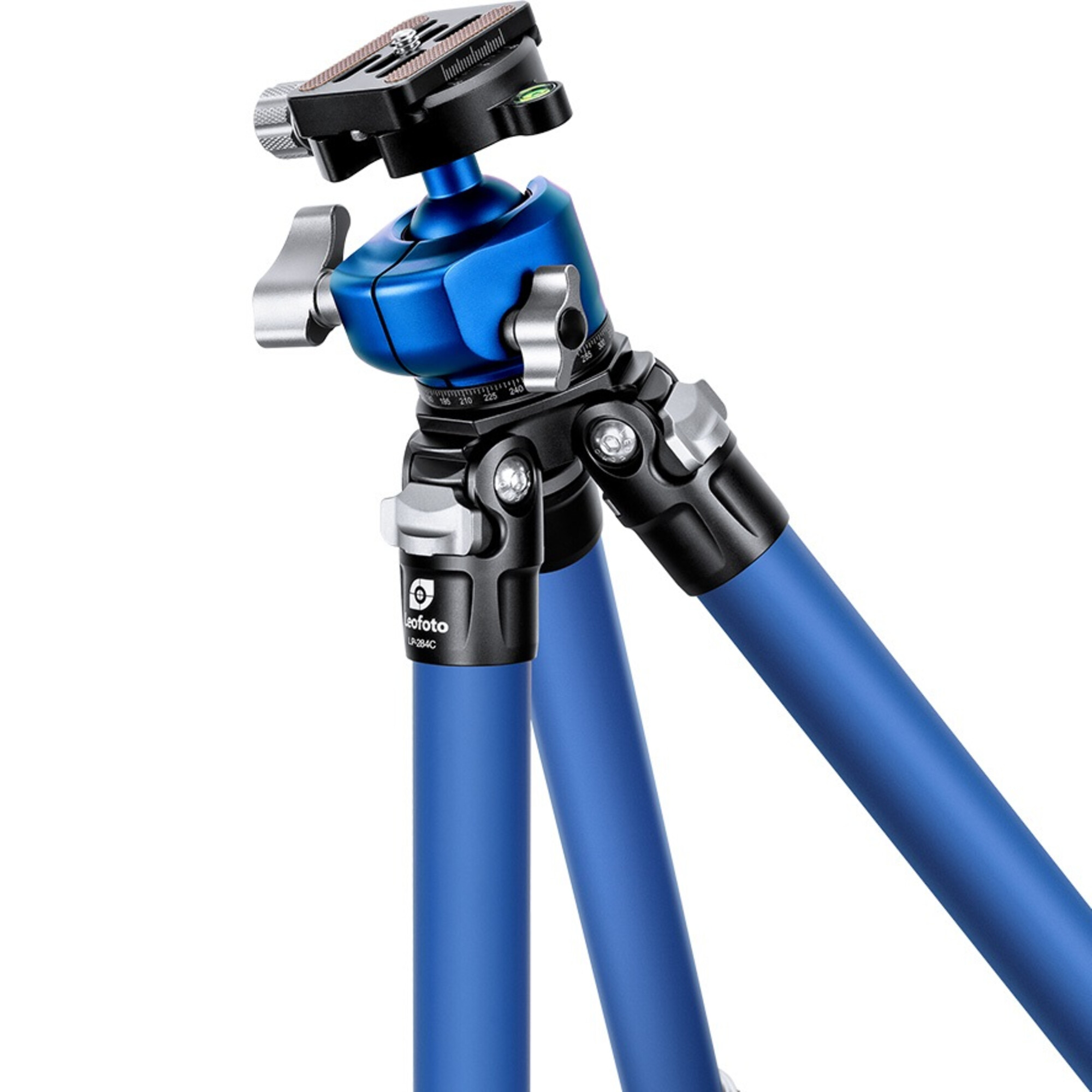 Ein blauer Stativkopf mit silbernen Verriegelungsknöpfen und schwarzem Klemmmechanismus.