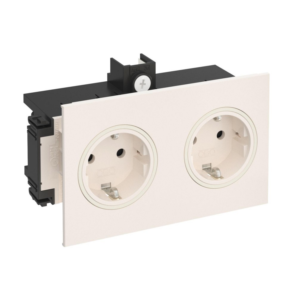Una doppia presa elettrica color crema con cablaggio interno visibile e staffa di montaggio.