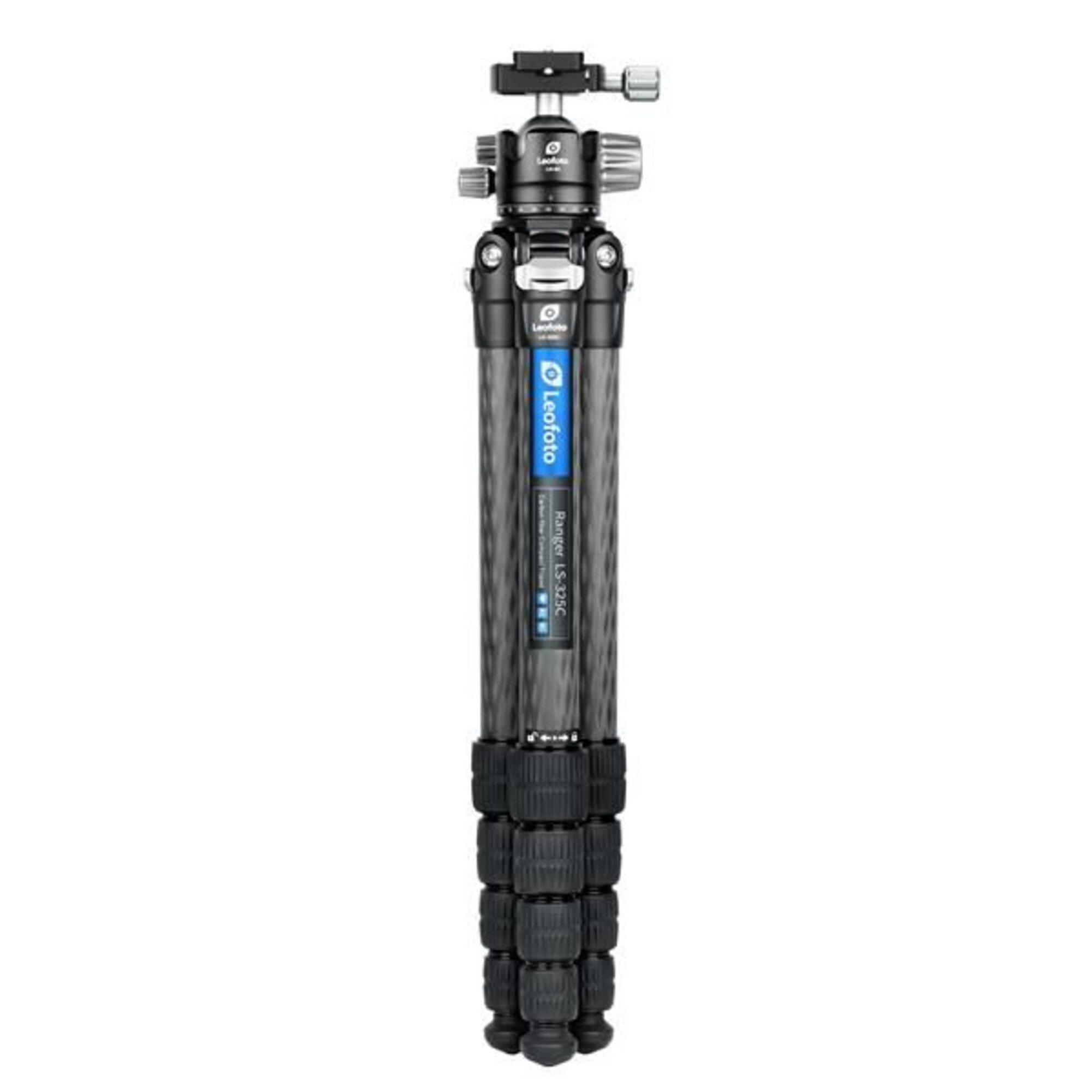 Ein Leofoto Ranger LS-325C Carbon-Stativ mit Kugelkopf wird vertikal gezeigt.