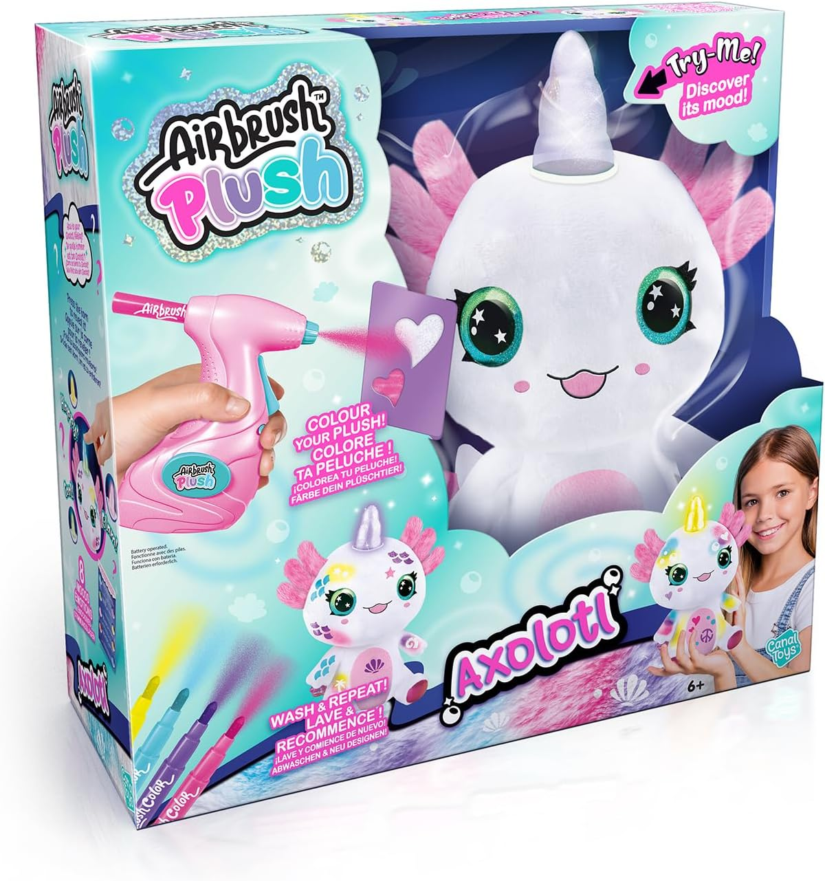 Confezione gioco con axolotl Airbrush Plush, pistola spray e pennarelli.