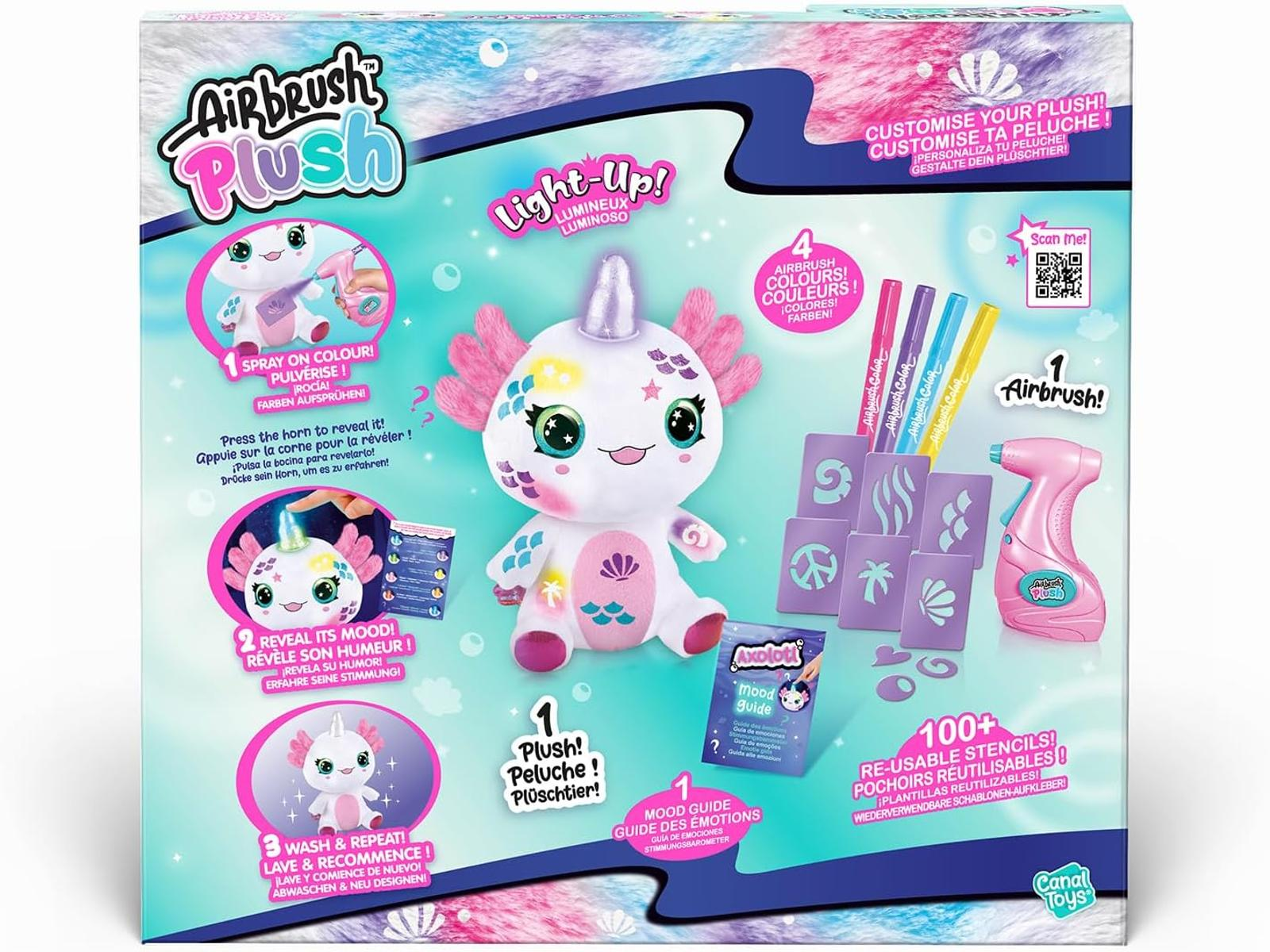 Scatola kit giocattolo Airbrush Plush: peluche, aerografo, colori, stencil, guida umore inclusi.