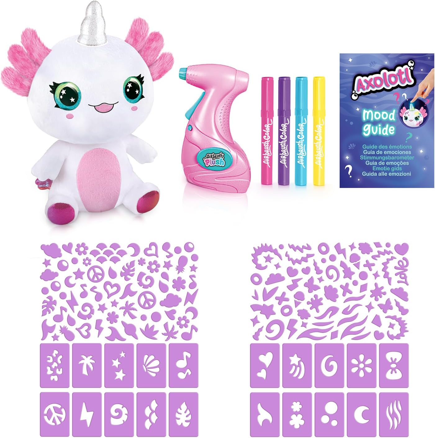 Peluche axolotl, aerografo, pennarelli, stencil e guida dell'umore.