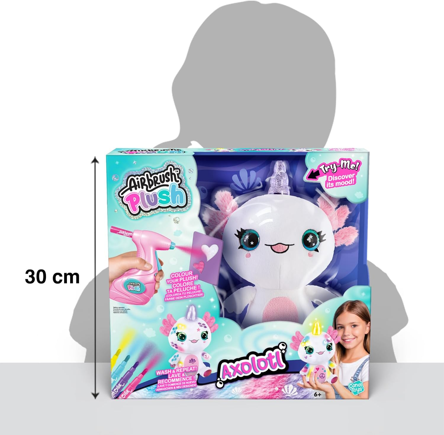 Set giocattolo Axolotl Airbrush Plush con aerografo, pennarelli e peluche.