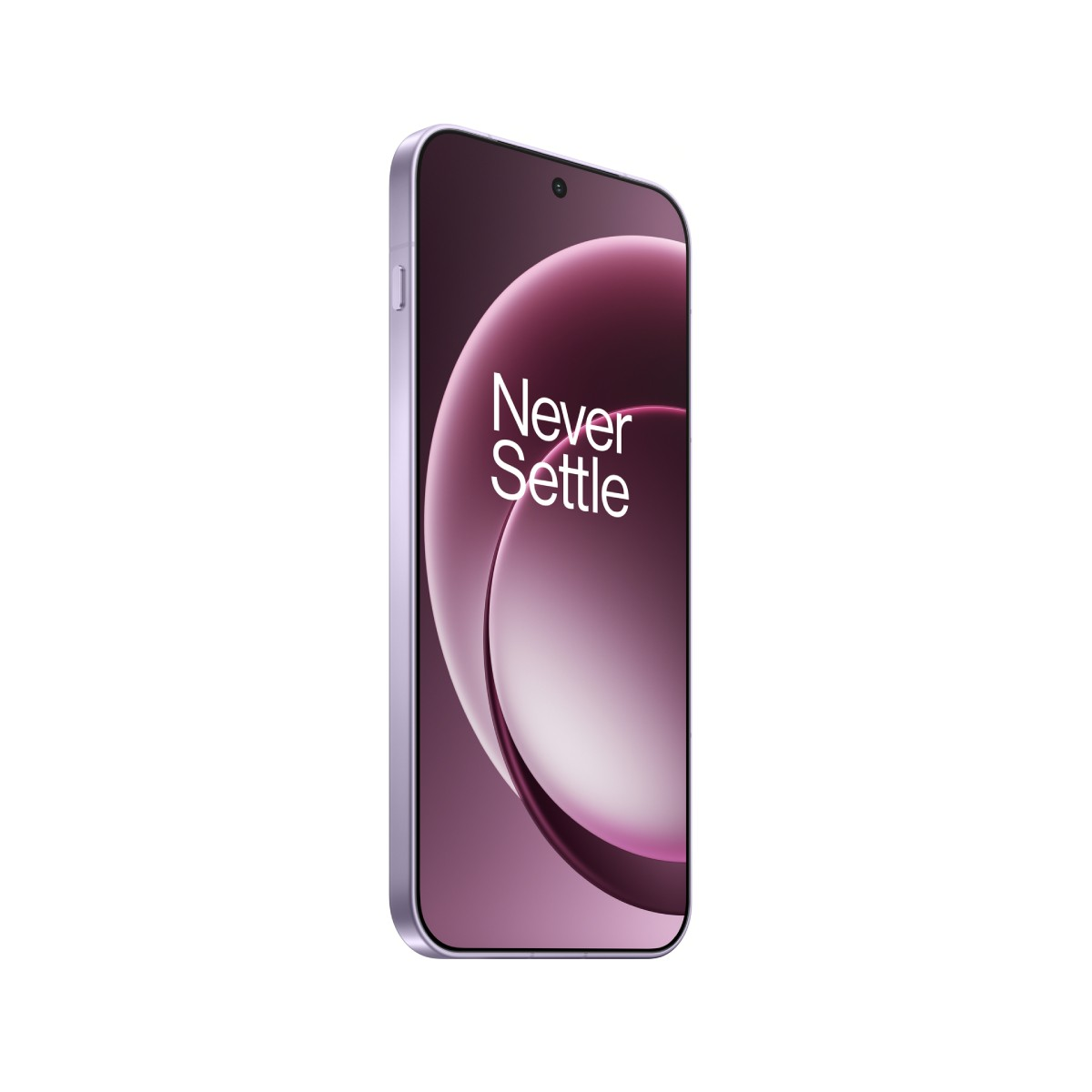 Jasnofioletowy smartfon z wcięciem i napisem 'Never Settle' na ekranie.