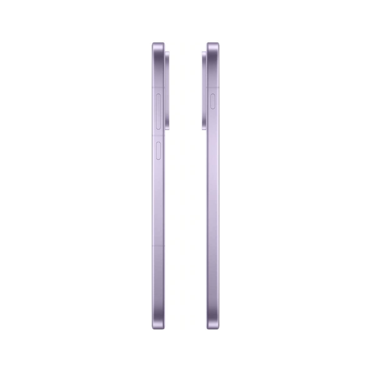 Dwa fioletowe smartfony stojące obok siebie na białym tle.
