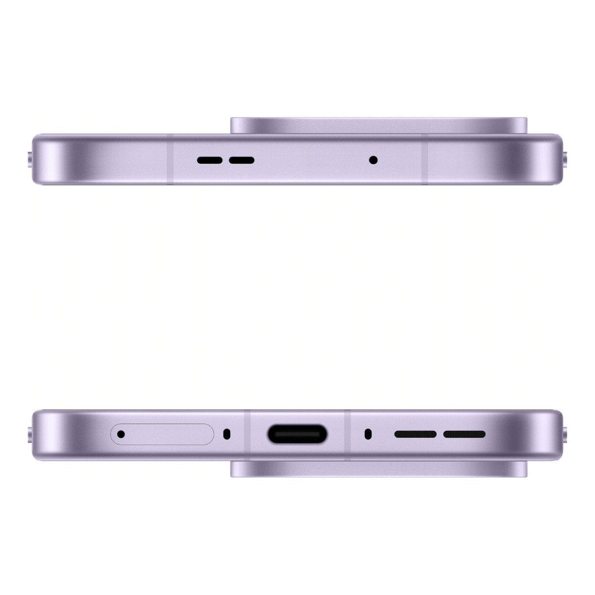 Widok z góry i z dołu jasnofioletowego smartfona, pokazujący porty i przyciski.