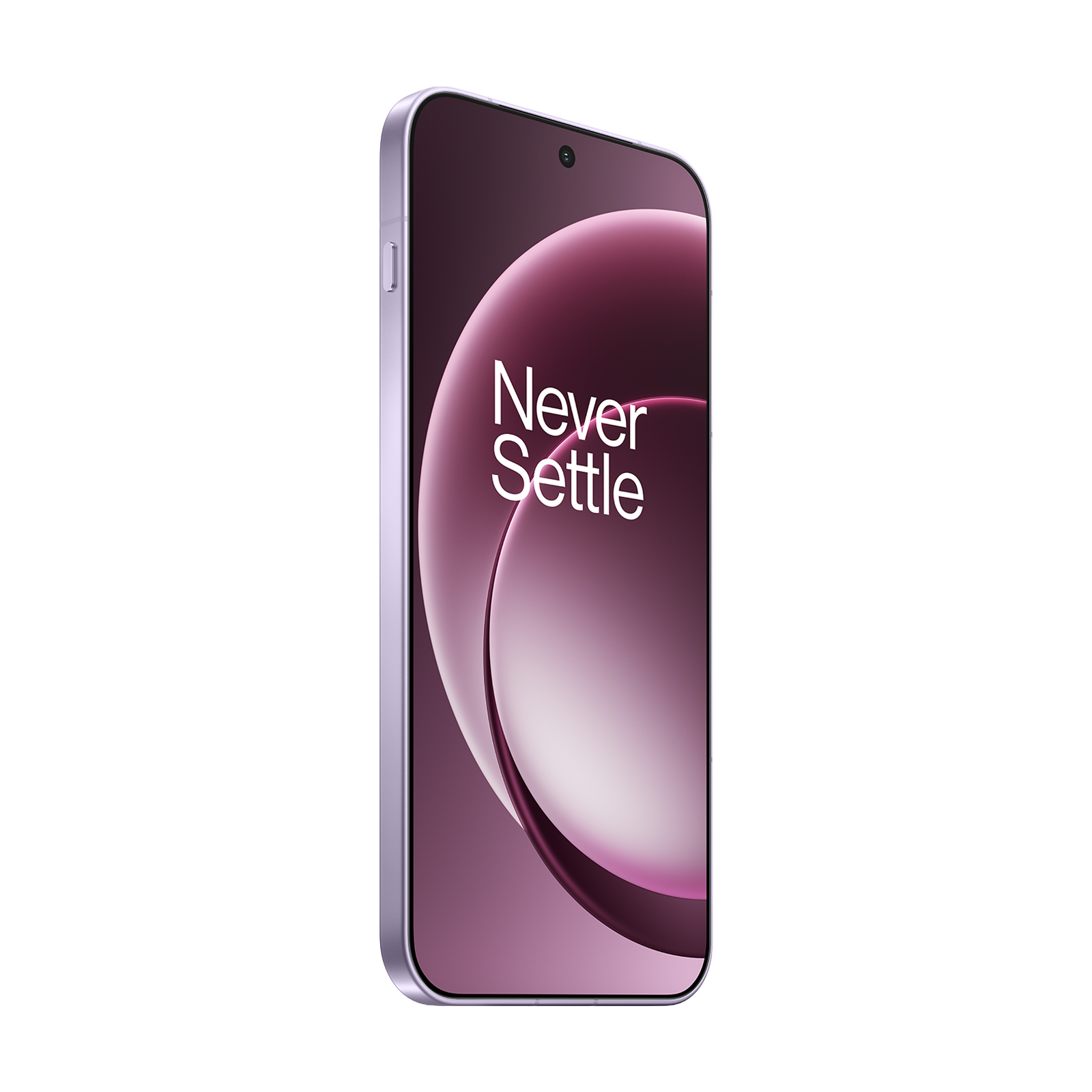 Fioletowy smartfon z napisem 'Never Settle' na ekranie.