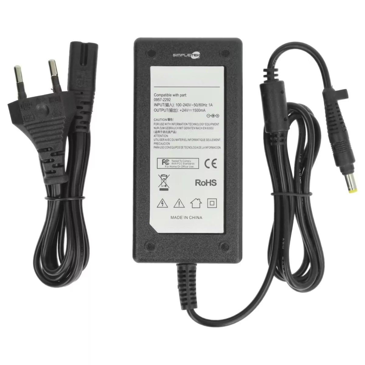 Alimentatore SimpleTek nero con due cavi. Un cavo ha una spina bipolare, l'altro una punta gialla.