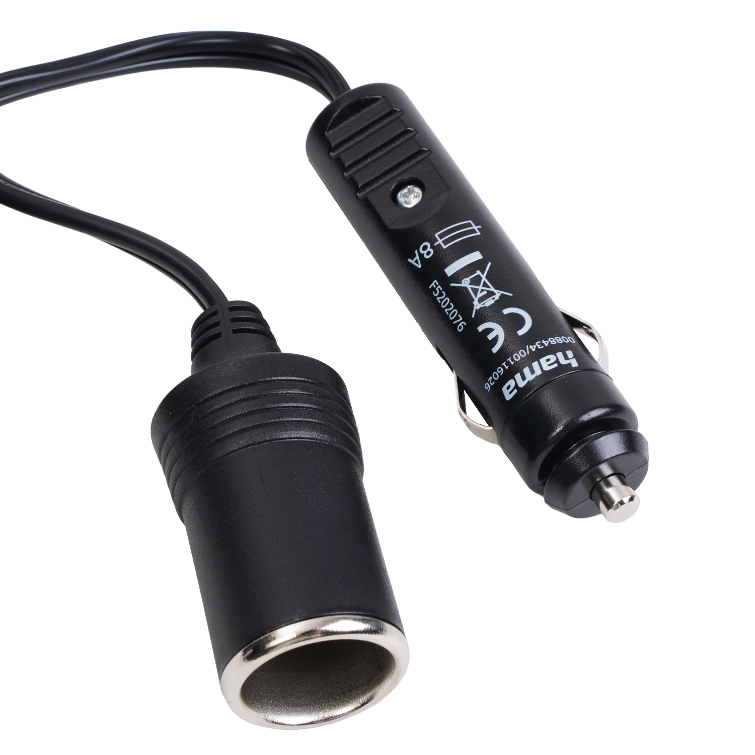 Schwarzer Autoadapter mit Zigarettenanzünderstecker und Buchse.