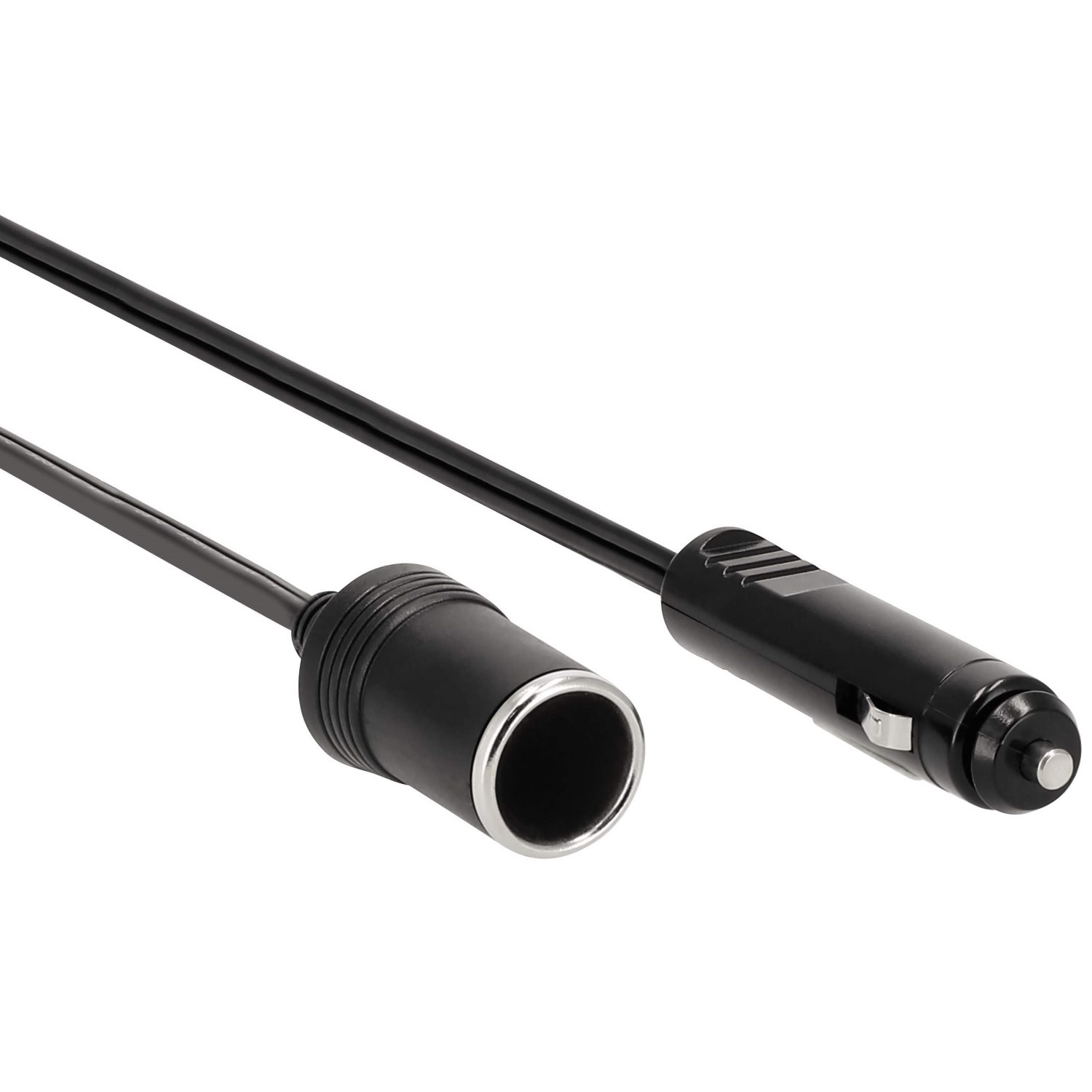 Schwarzer Auto-Ladeadapter mit Kabel, mit Zigarettenanzünderstecker und -buchse.