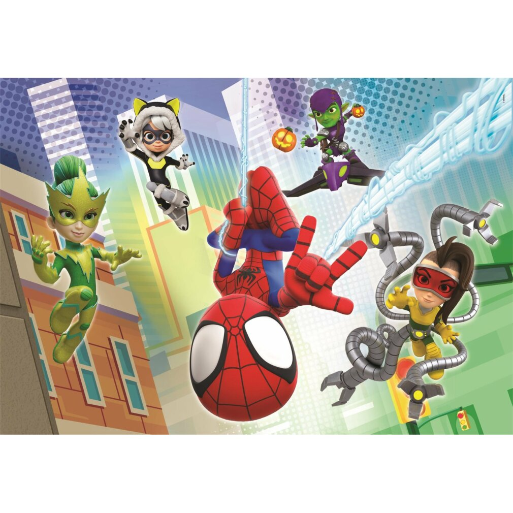Spider-Man, Green Goblin i inne postacie w miejskiej scenerii.