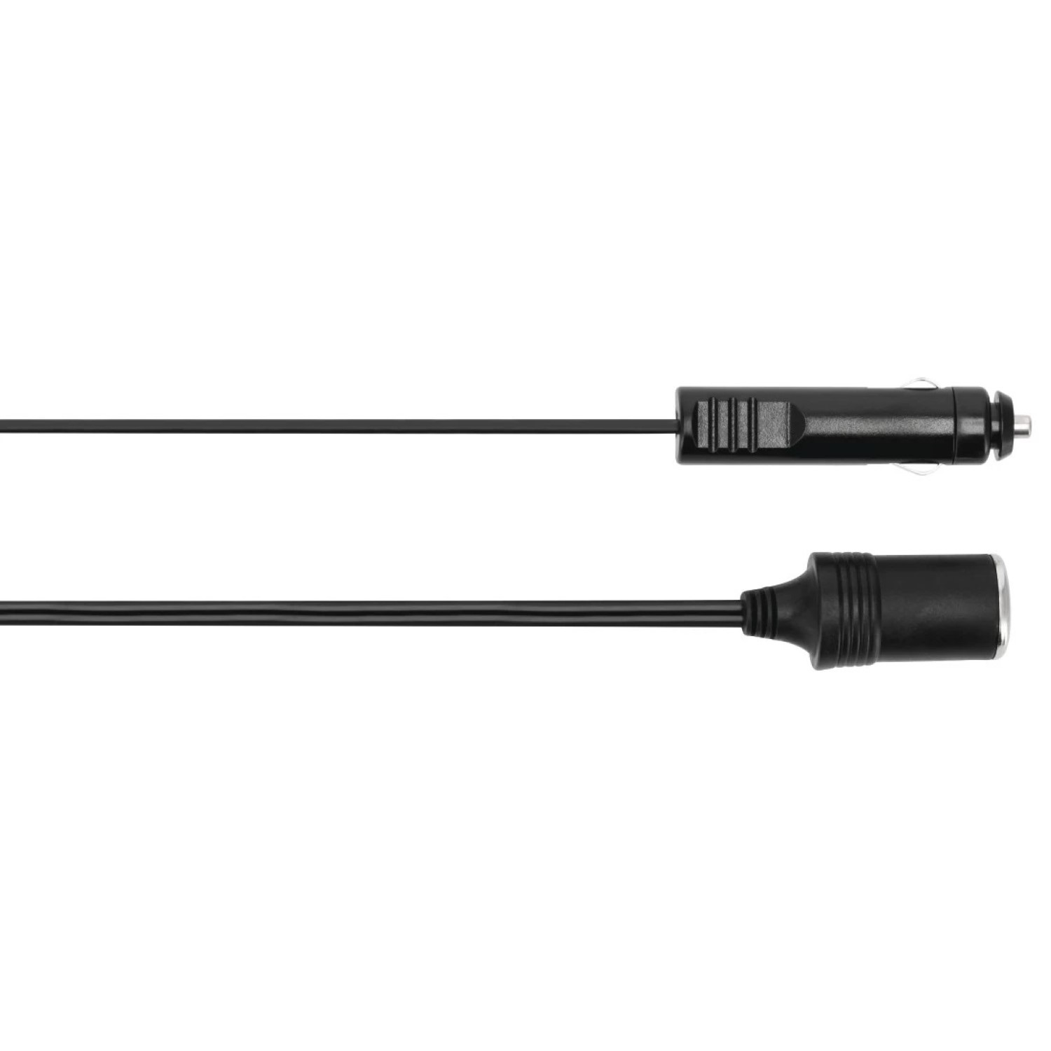 Schwarzes Ladeadapterkabel für Autos mit Stecker und Buchse auf weißem Hintergrund.