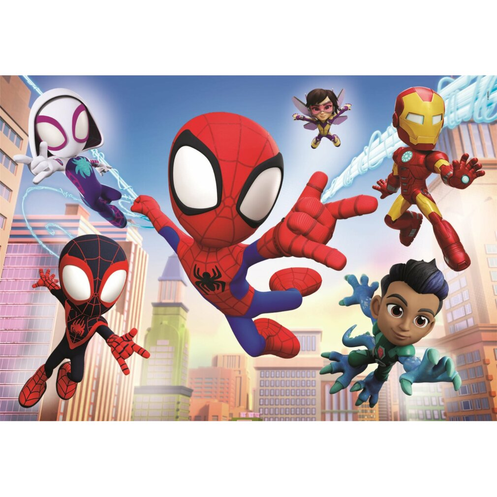 Spider-Man, Gwen, Miles, Iron Man, Osa i Reptil lecą nad miejską panoramą.