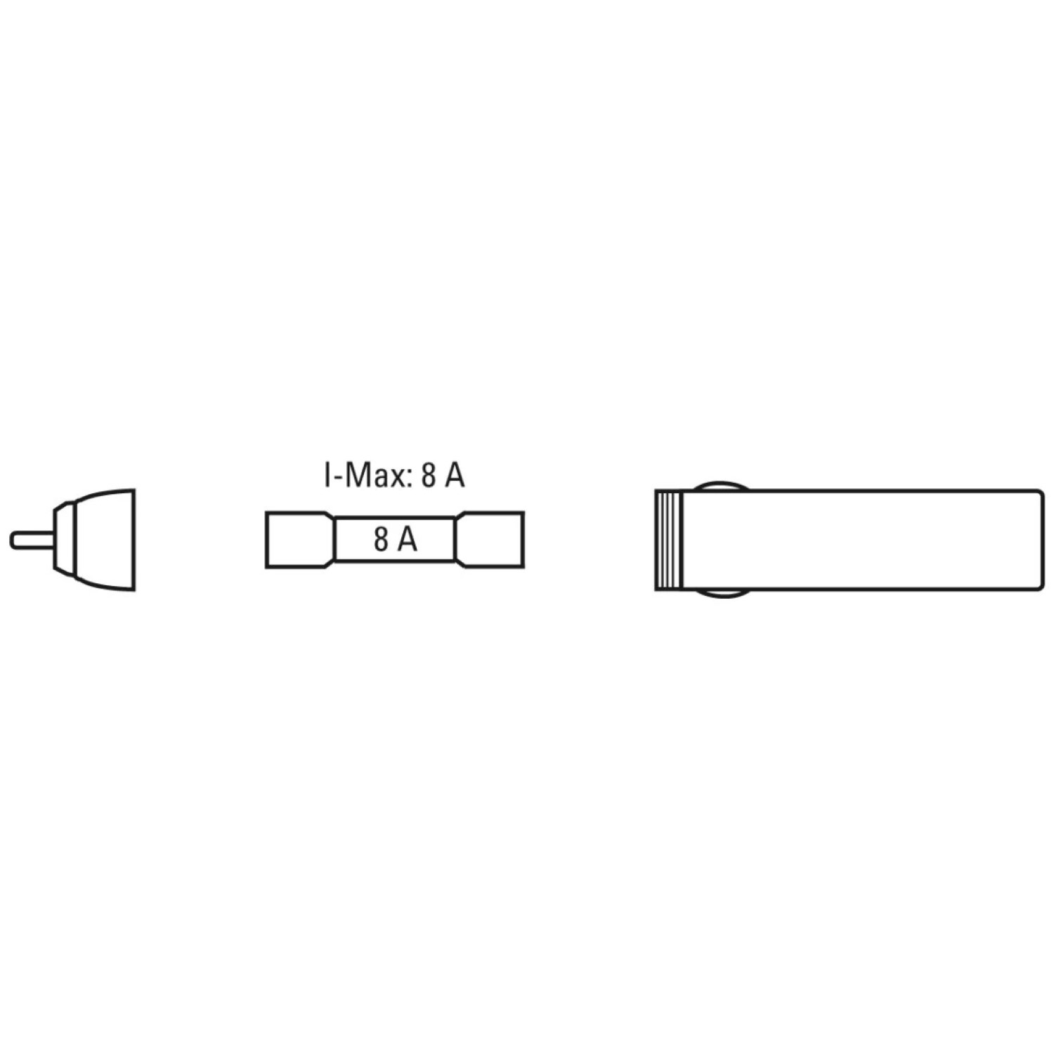 Diagramm zeigt Sicherungskomponenten: ein Stecker, eine 8A-Sicherung und eine Buchse.