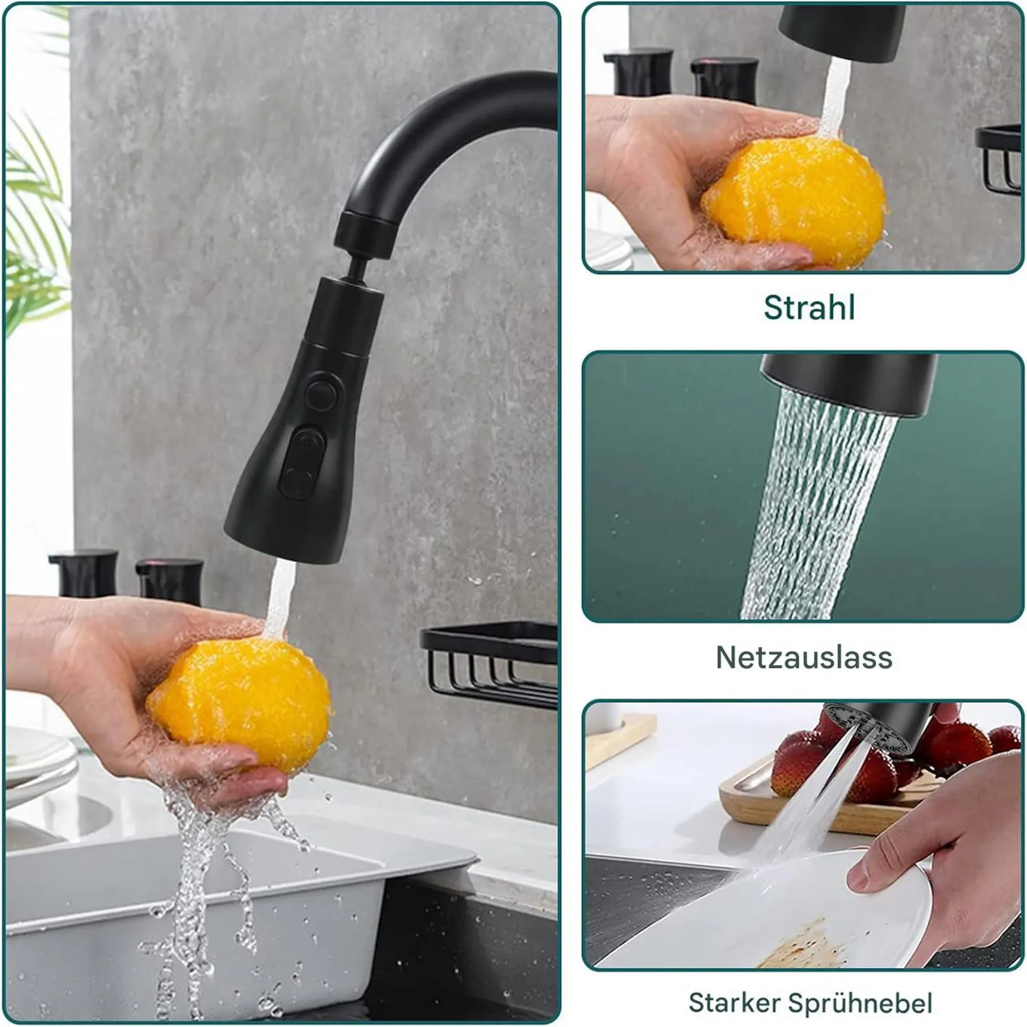 Ein schwarzer Wasserhahn spült eine gelbe Zitrone und Erdbeeren unter verschiedenen Strahlarten.