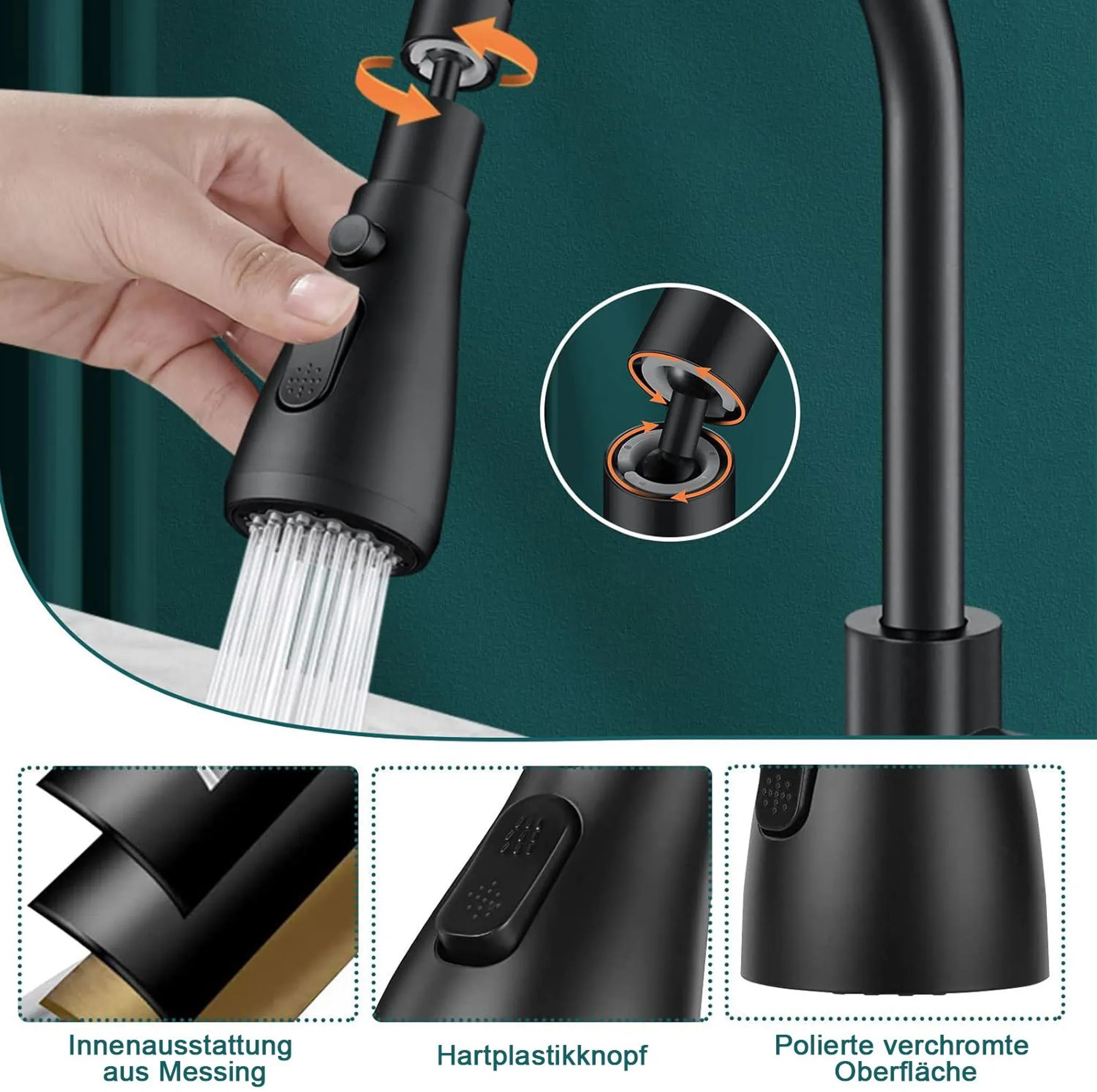 Schwarzer Wasserhahn-Auslauf mit Hand, der Wasser sprüht. Nahaufnahmen zeigen Details.