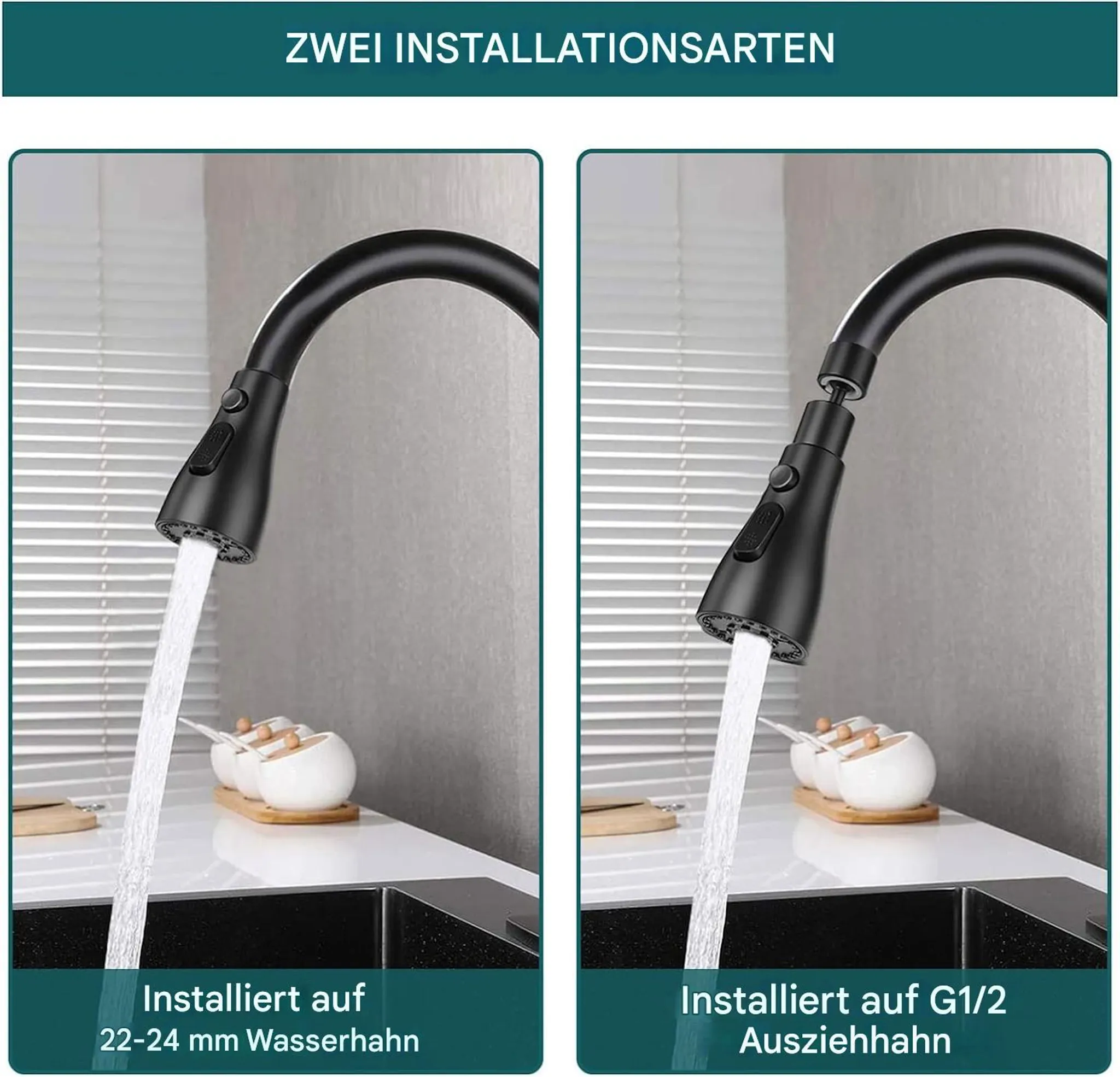 Zwei Wasserhahntypen: auf 22-24 mm Hahn und auf G1/2 Ausziehhahn.
