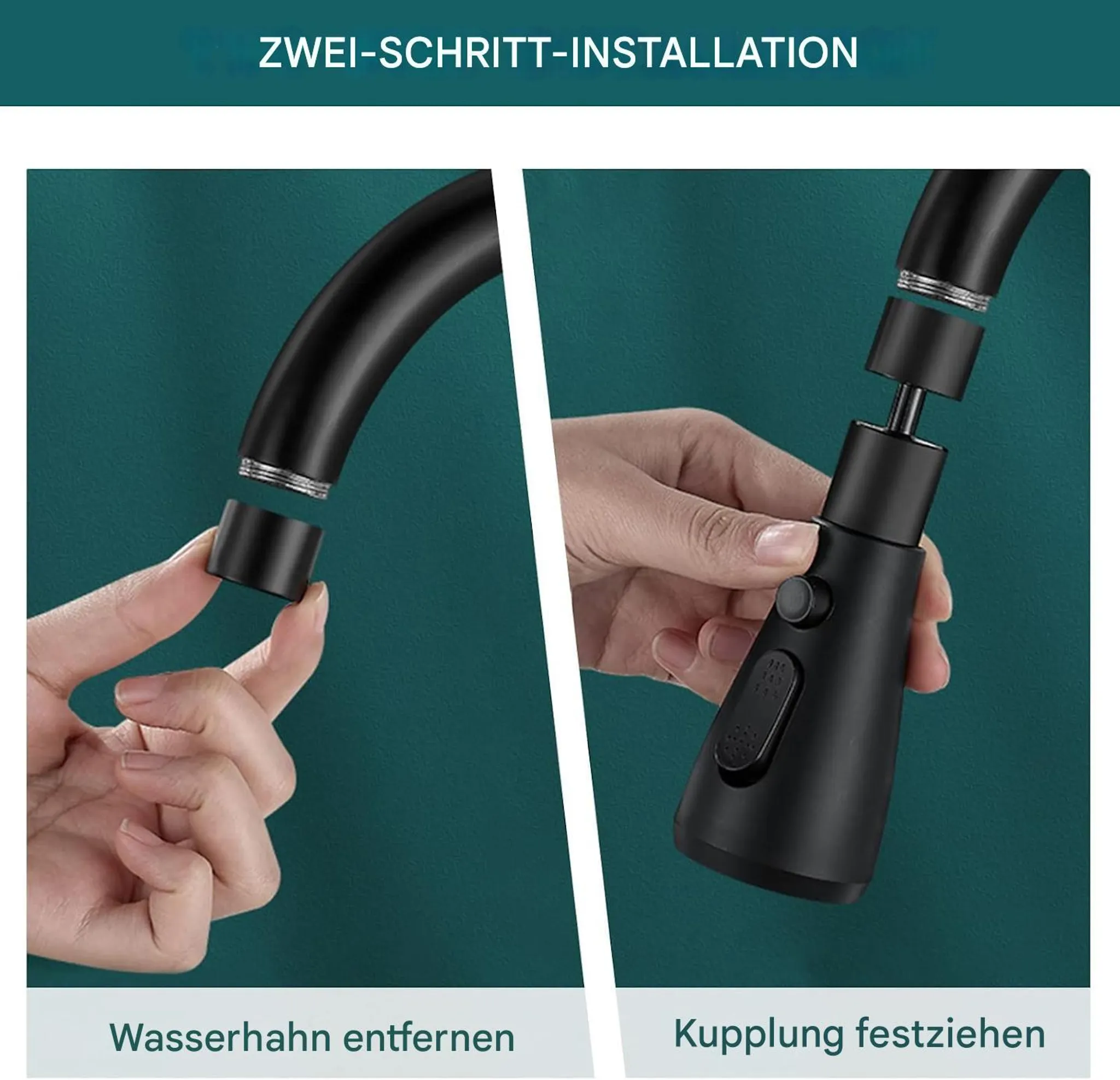 Zwei Hände montieren einen schwarzen Wasserhahn-Aufsatz.