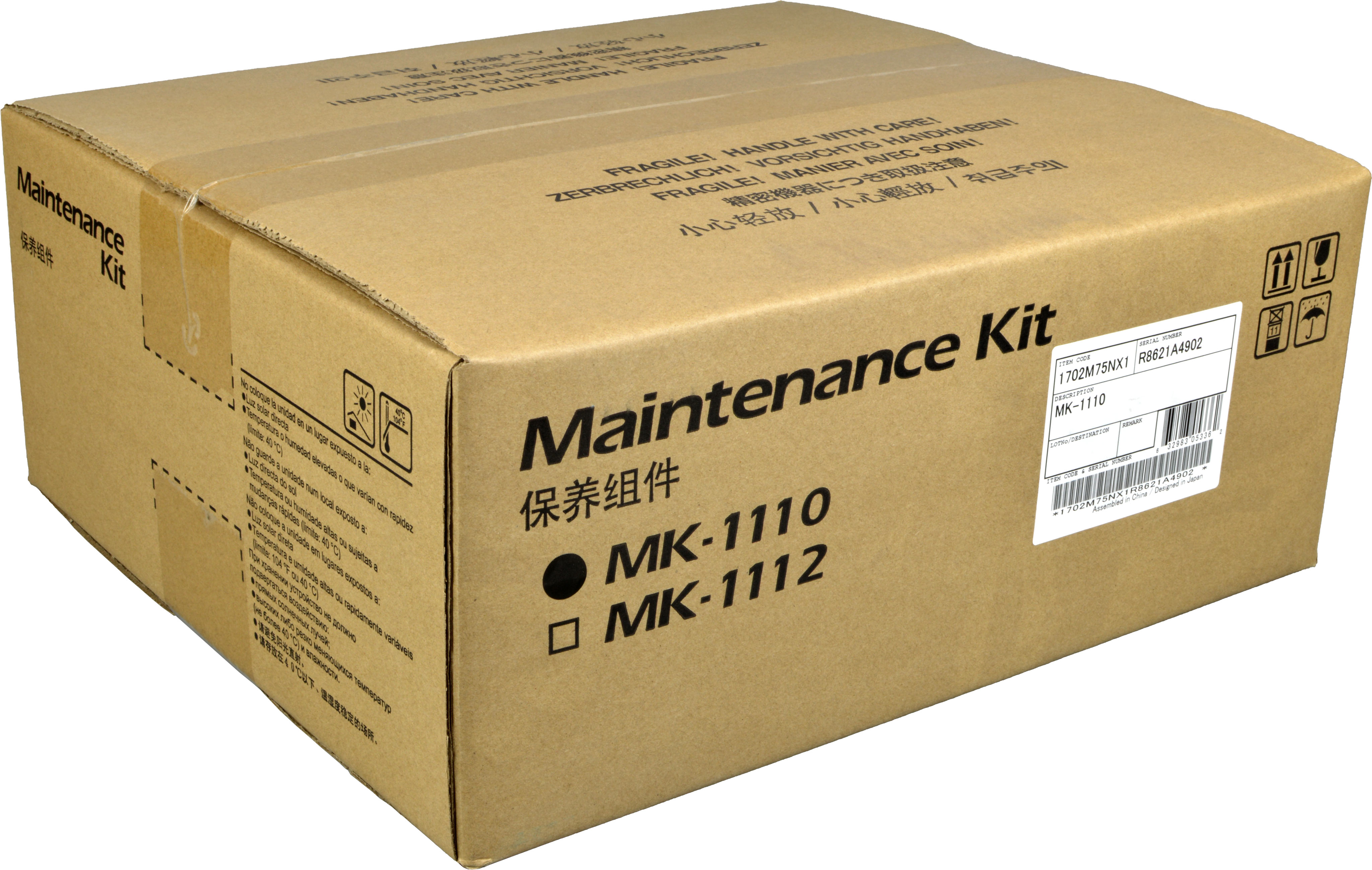 Scatola di cartone con etichette 'Maintenance Kit', 'MK-1110', 'MK-1112' e simboli di avvertenza.