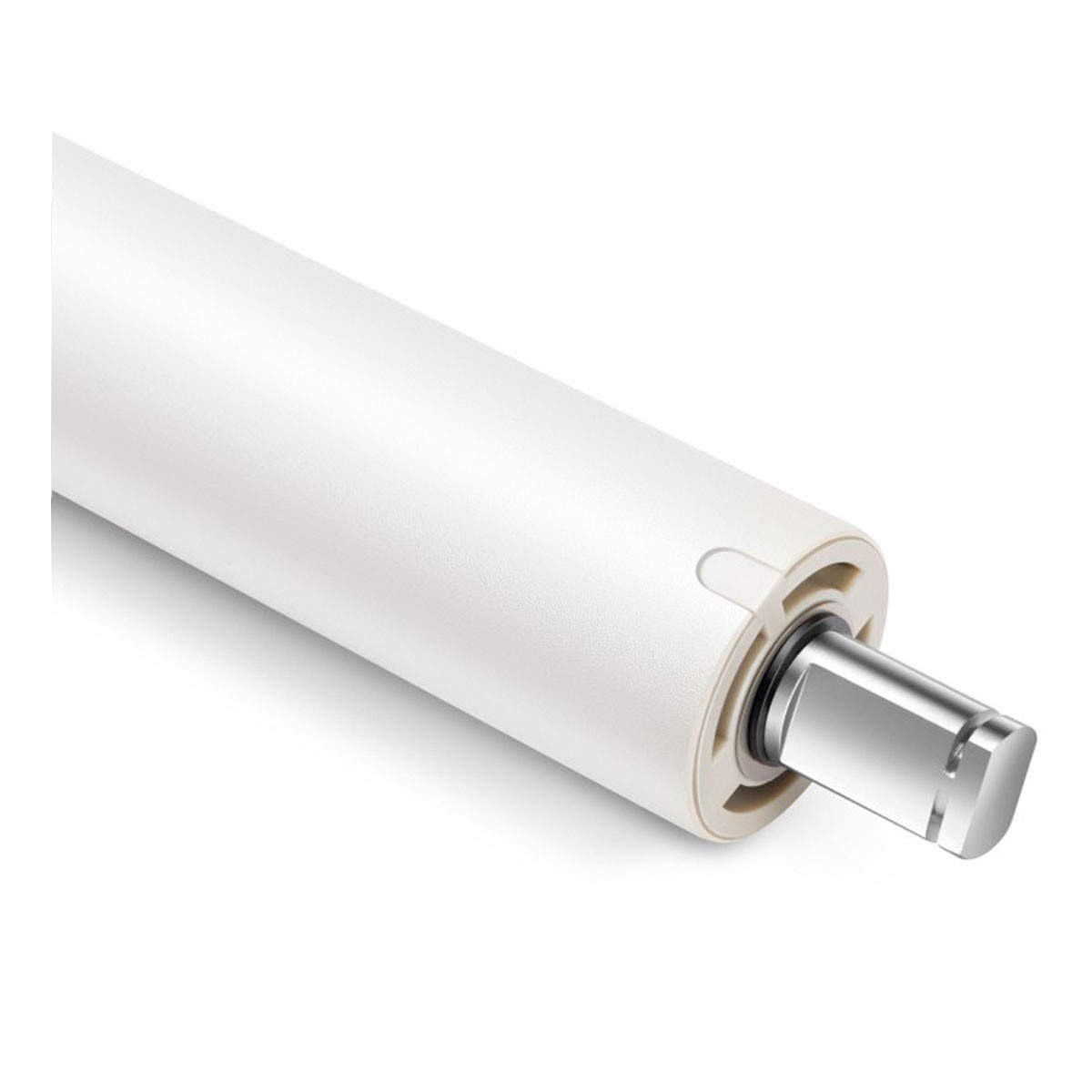 Biały cylindryczny obiekt z metalowym wałem wystającym z jednego końca.