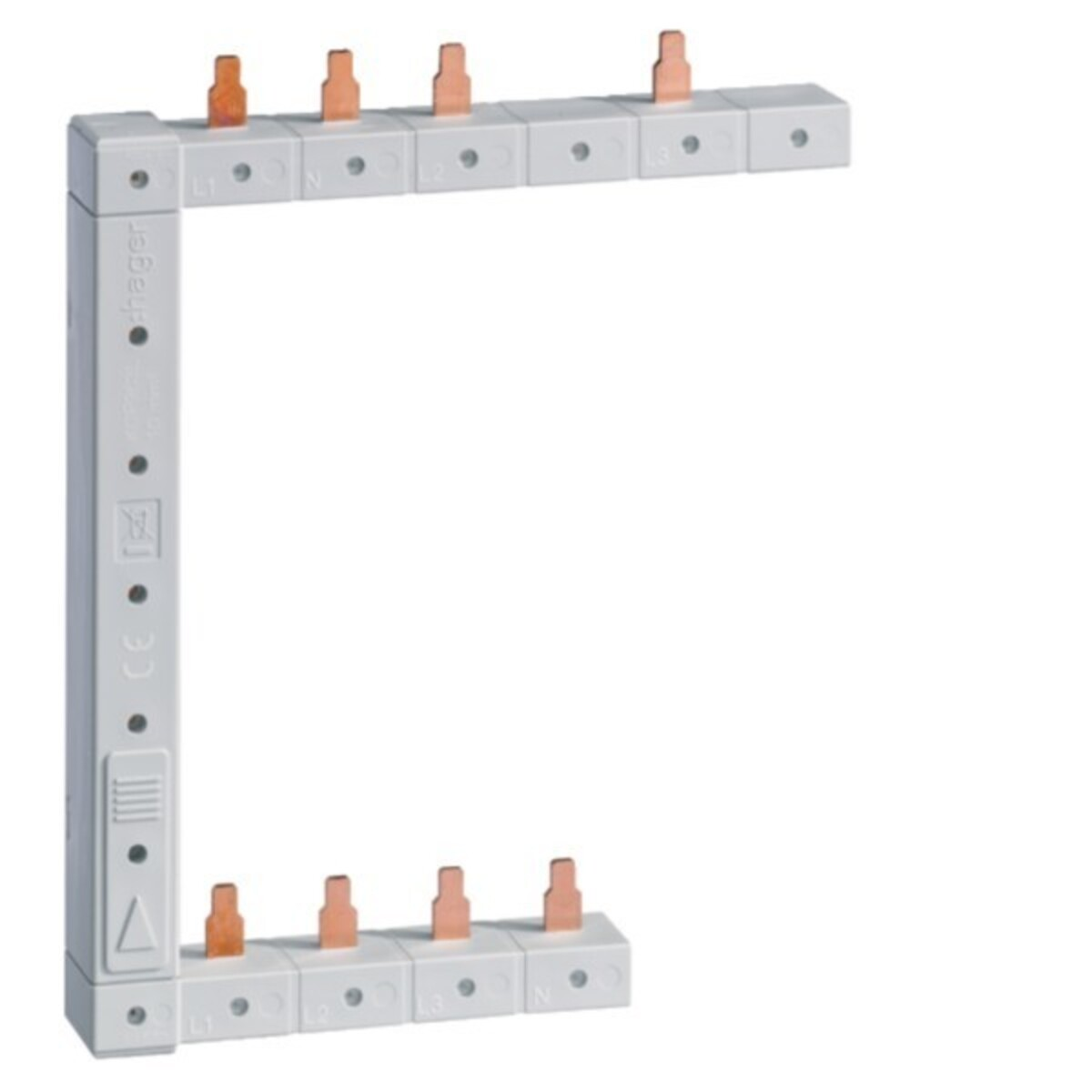 Un connettore per sbarre colletrici bianco con pin color rame ed etichette L1, L2, L3, N.