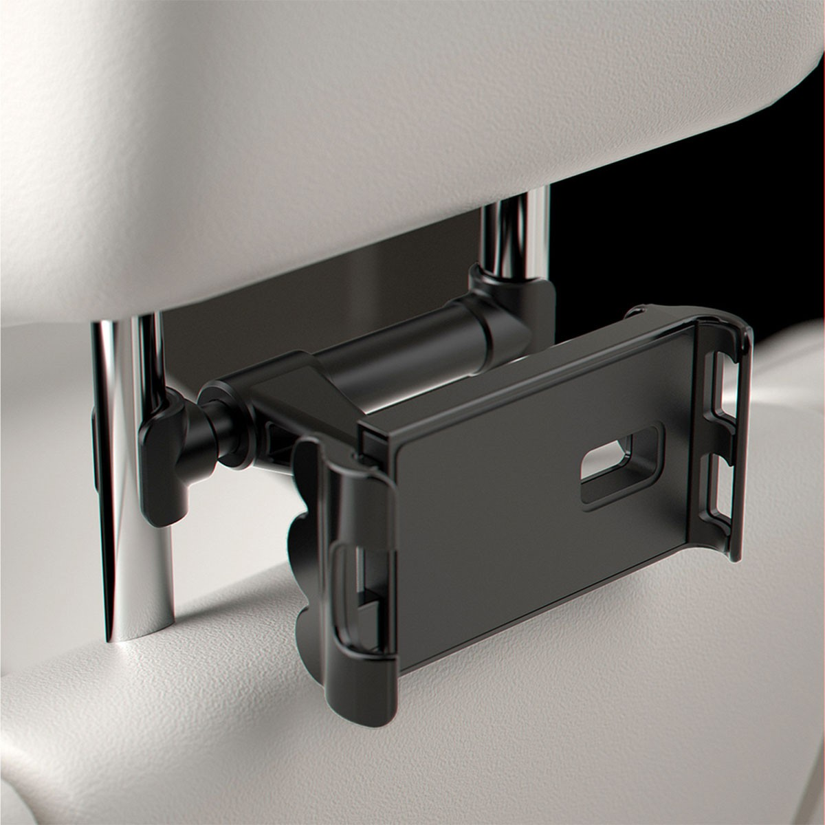 Supporto nero per tablet fissato a un poggiatesta bianco per auto.