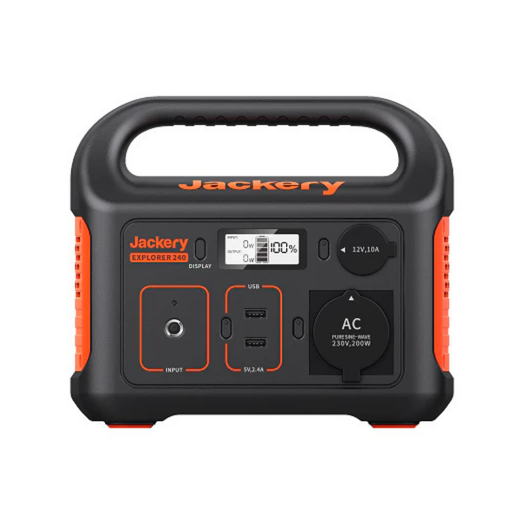 Schwarzer Jackery Explorer 240 tragbarer Stromgenerator mit orangefarbenen Akzenten und Griff.