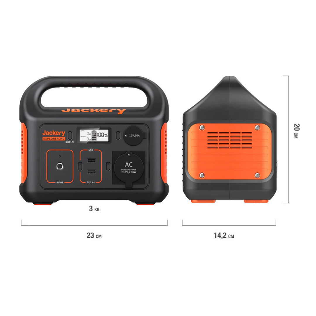 Jackery Explorer 240 tragbare Powerstation, 3kg, 23cm breit, 20cm hoch.