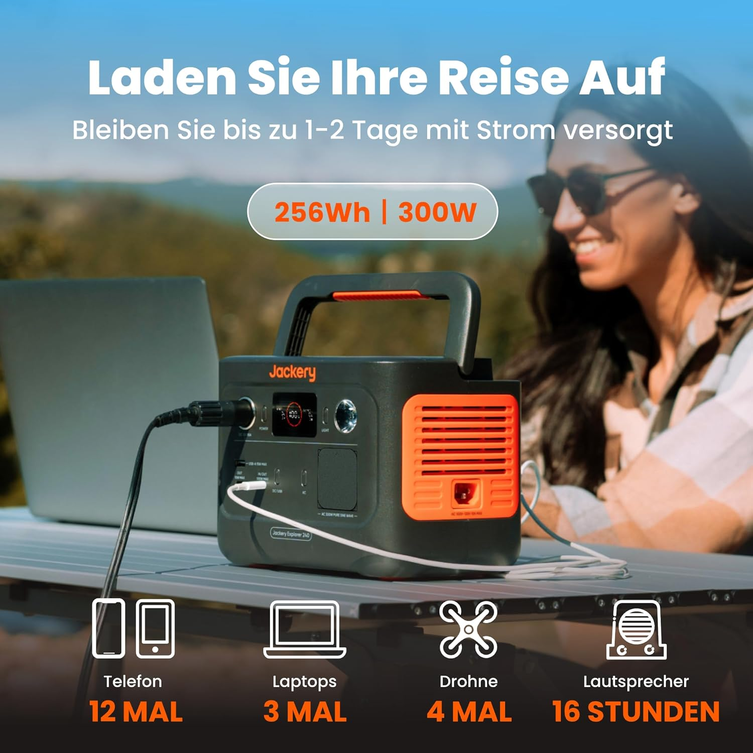 Eine Jackery-Powerstation lädt Geräte im Freien. Symbole zeigen Handy-, Laptop-, Drohnen-, Lautsprecherladung.