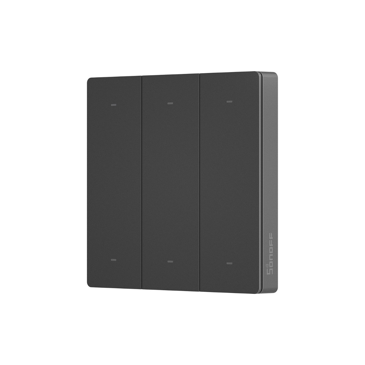 Ciemnoszary włącznik światła z trzema przyciskami, srebrną ramką i logo Sonoff.