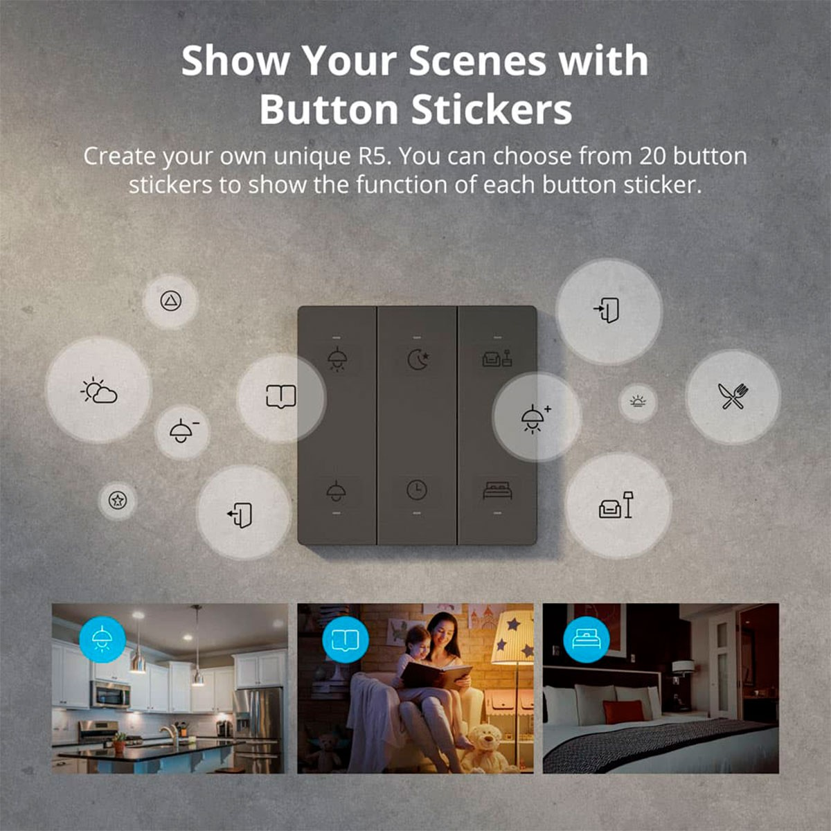 Inteligentny przełącznik z ikonami scen. Poniżej przykłady: kuchnia, czytanie, sypialnia.