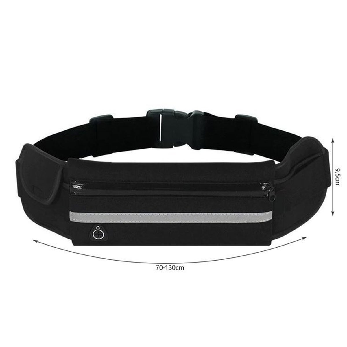 Marsupio nero con strisce riflettenti, alto 9,5 cm e regolabile 70-130 cm.