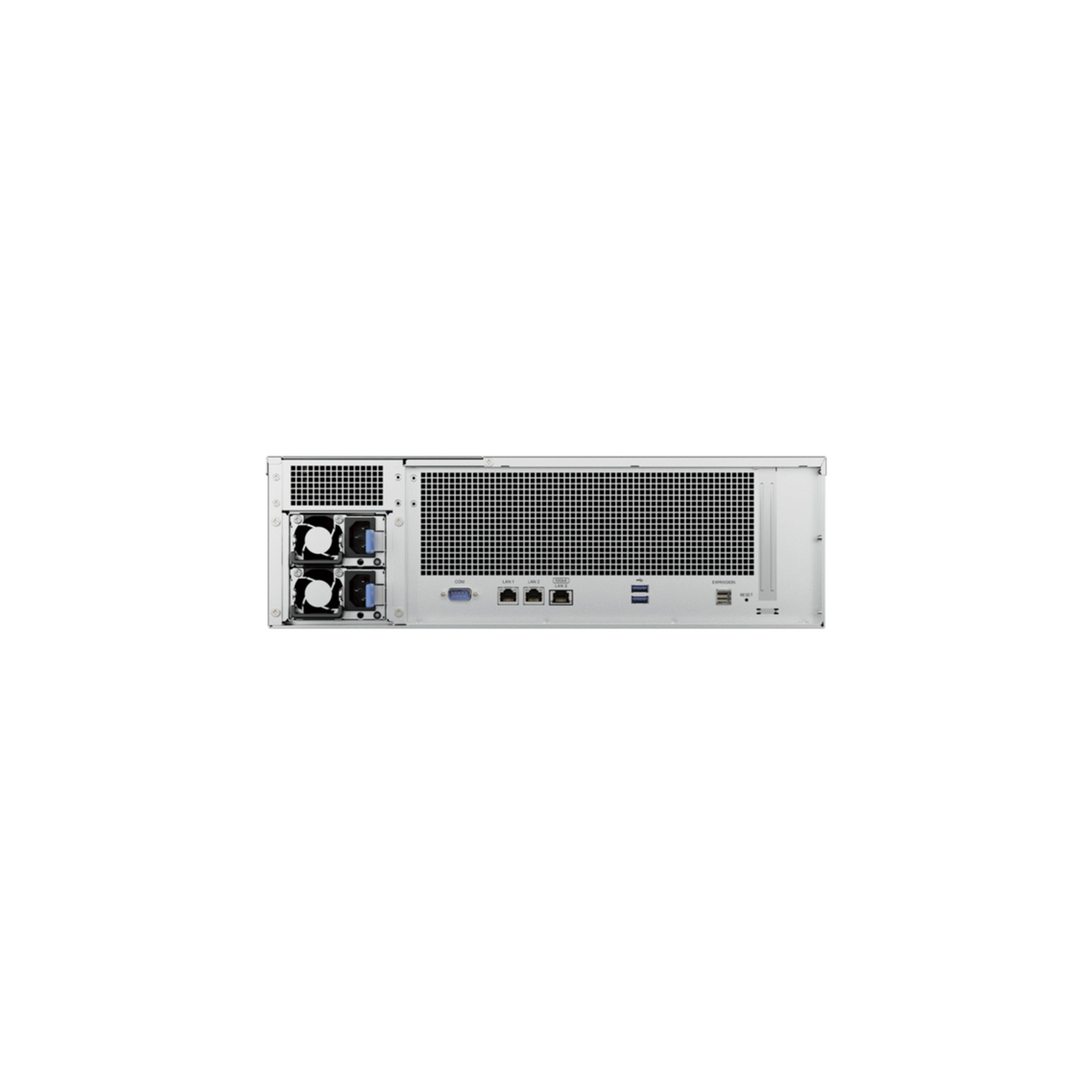 Rückseite eines Servers mit Lüftern, Anschlüssen und Lüftungsgitter.