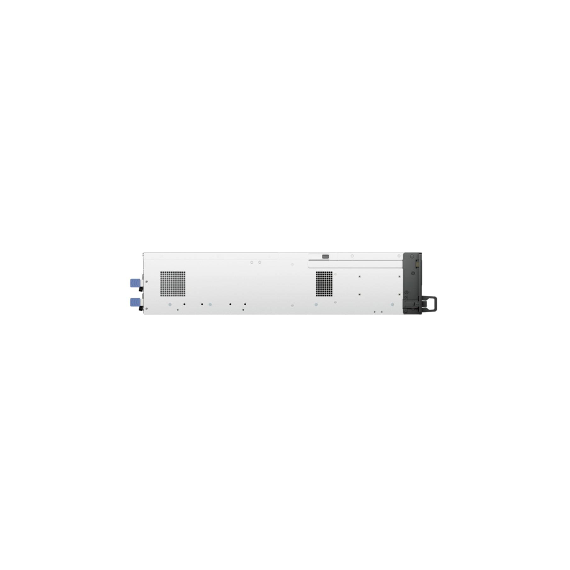 Eine weiße Rackmount-Servereinheit mit blauen Steckern links und einem Griff rechts.