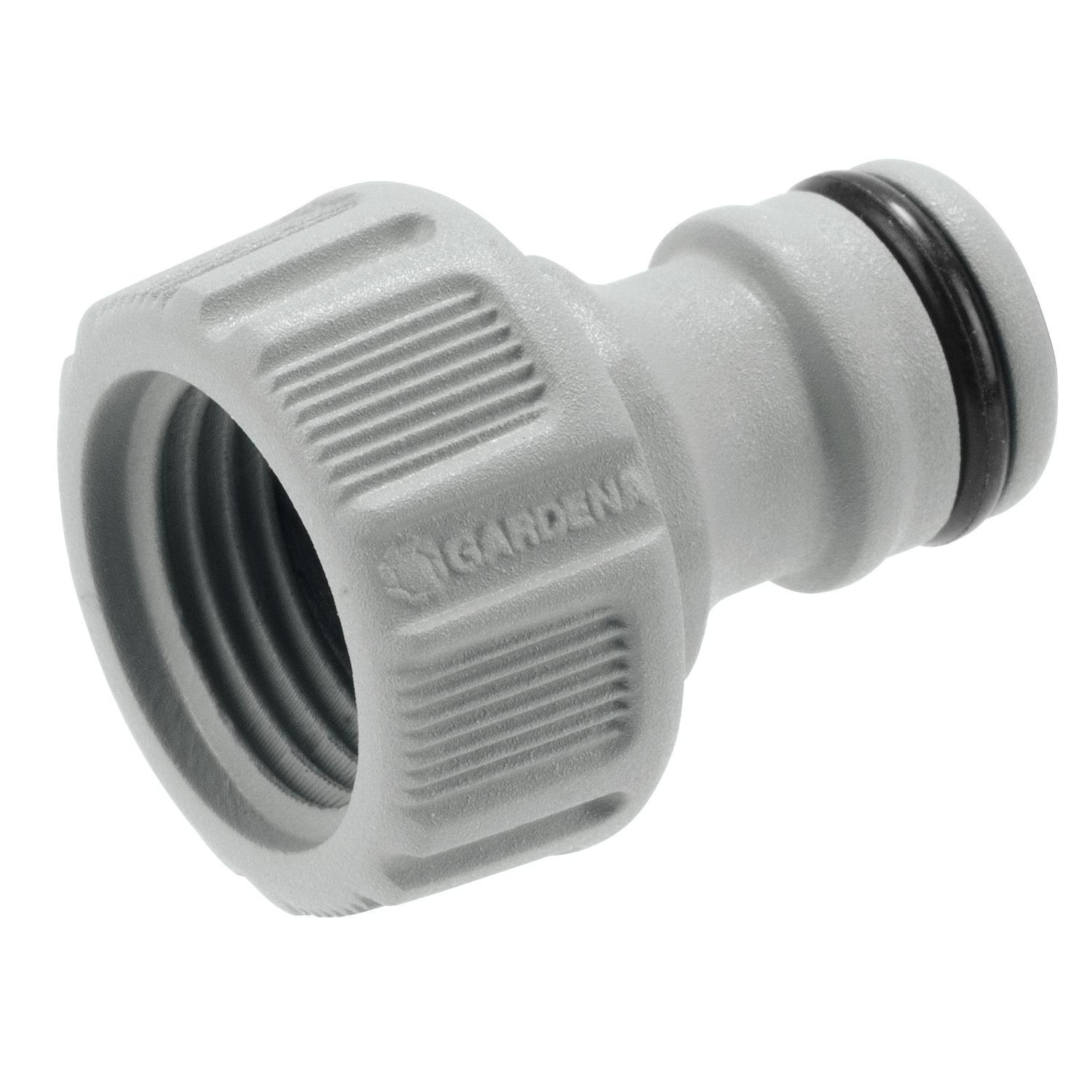 Connettore per tubo Gardena grigio con filettatura e O-ring nero.