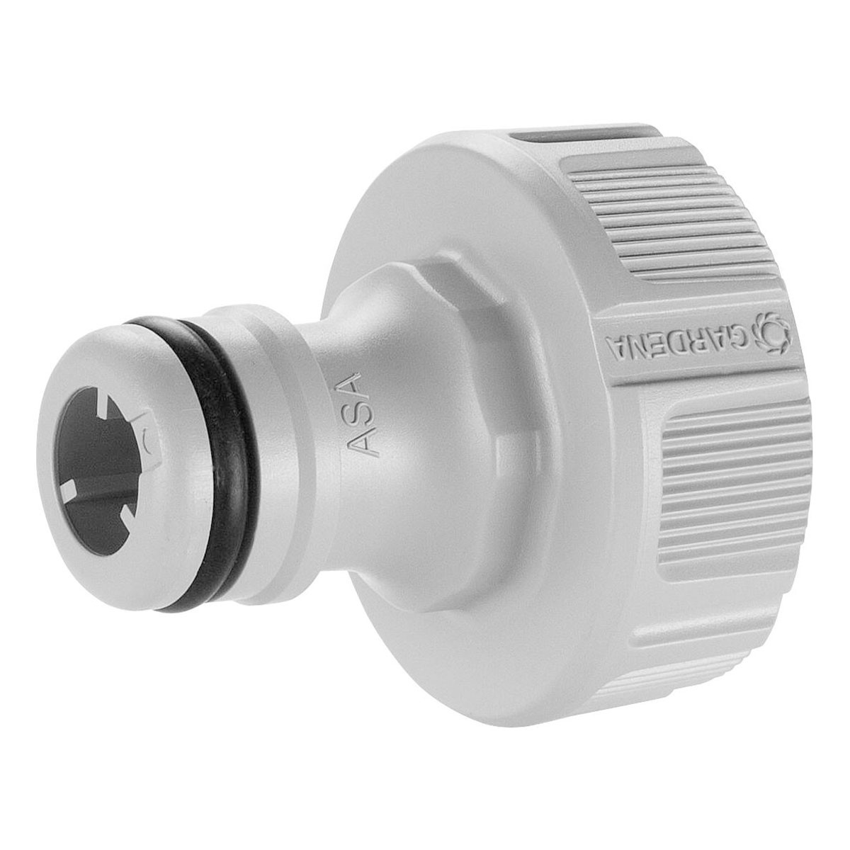 Un connettore per tubo Gardena grigio chiaro con marchio ASA, su sfondo bianco.